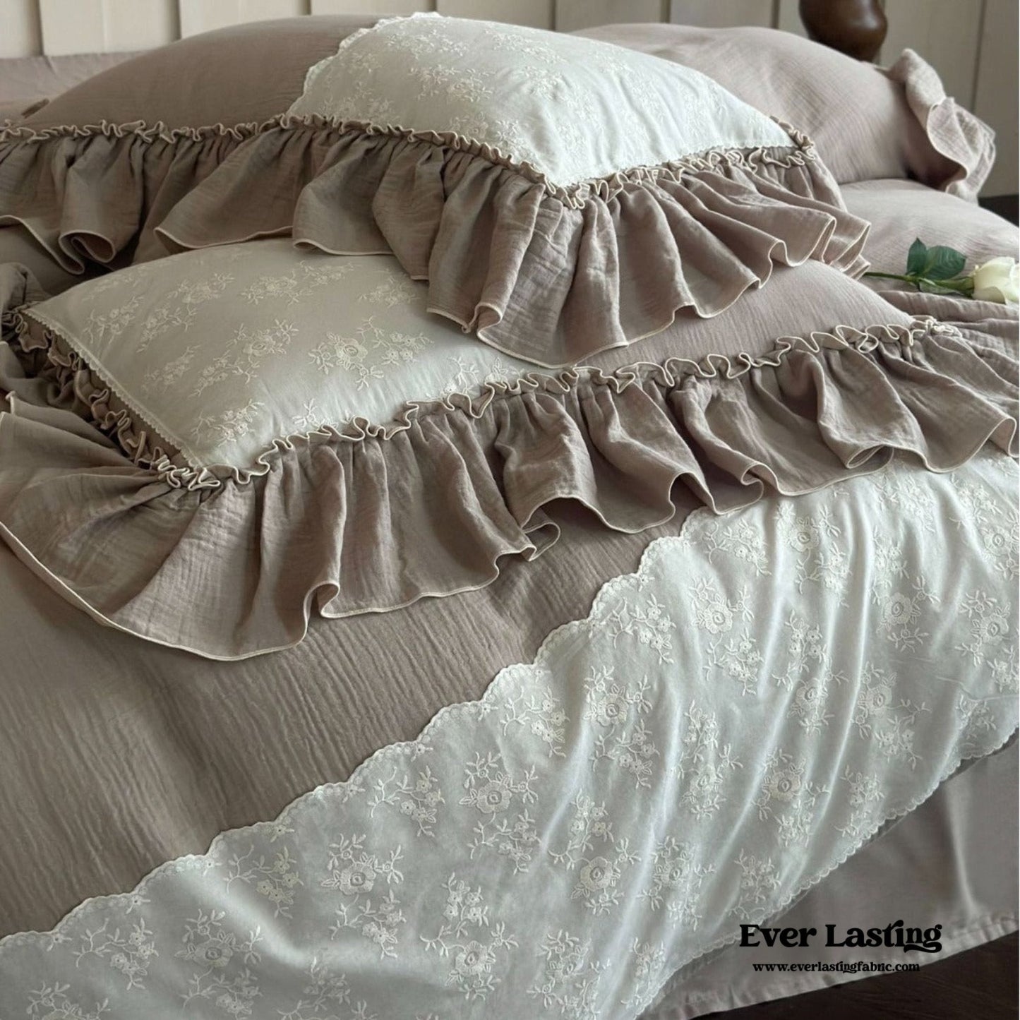 Celeste Soft Lace Embroidered Ruffle Bedding Set / Coffee Brown