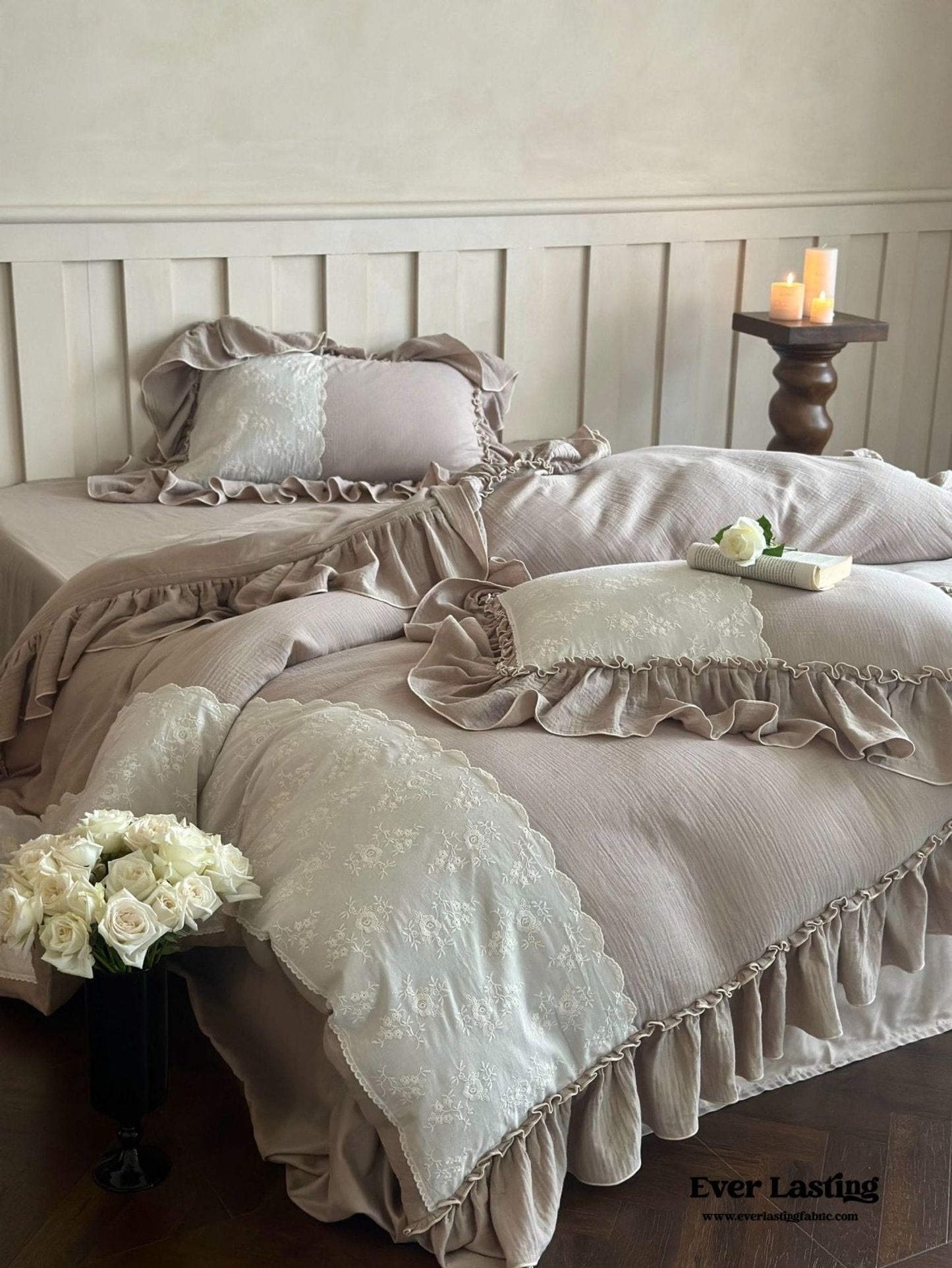 Celeste Soft Lace Embroidered Ruffle Bedding Set / Coffee Brown