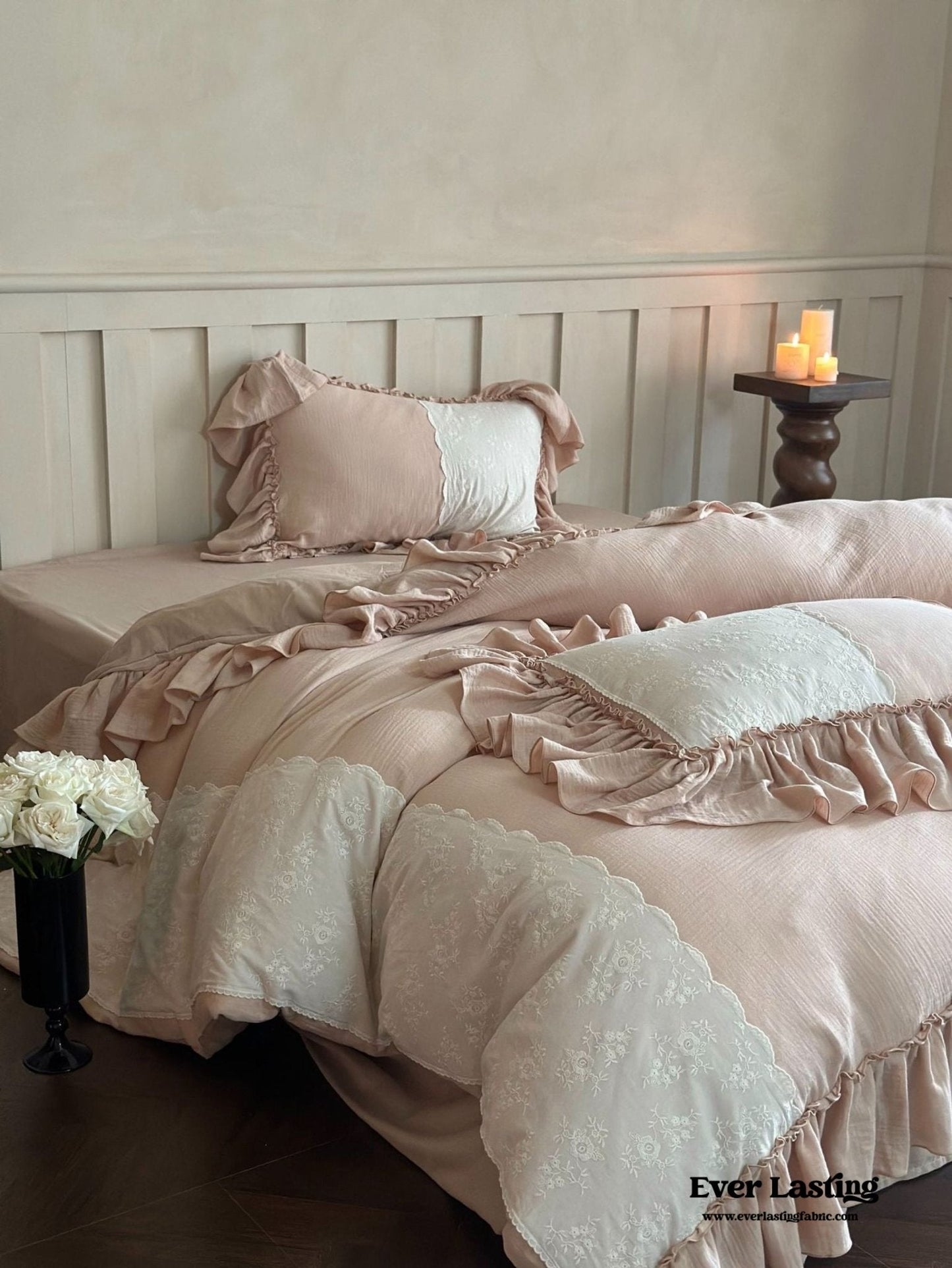 Celeste Soft Lace Embroidered Ruffle Bedding Set / Coffee Brown