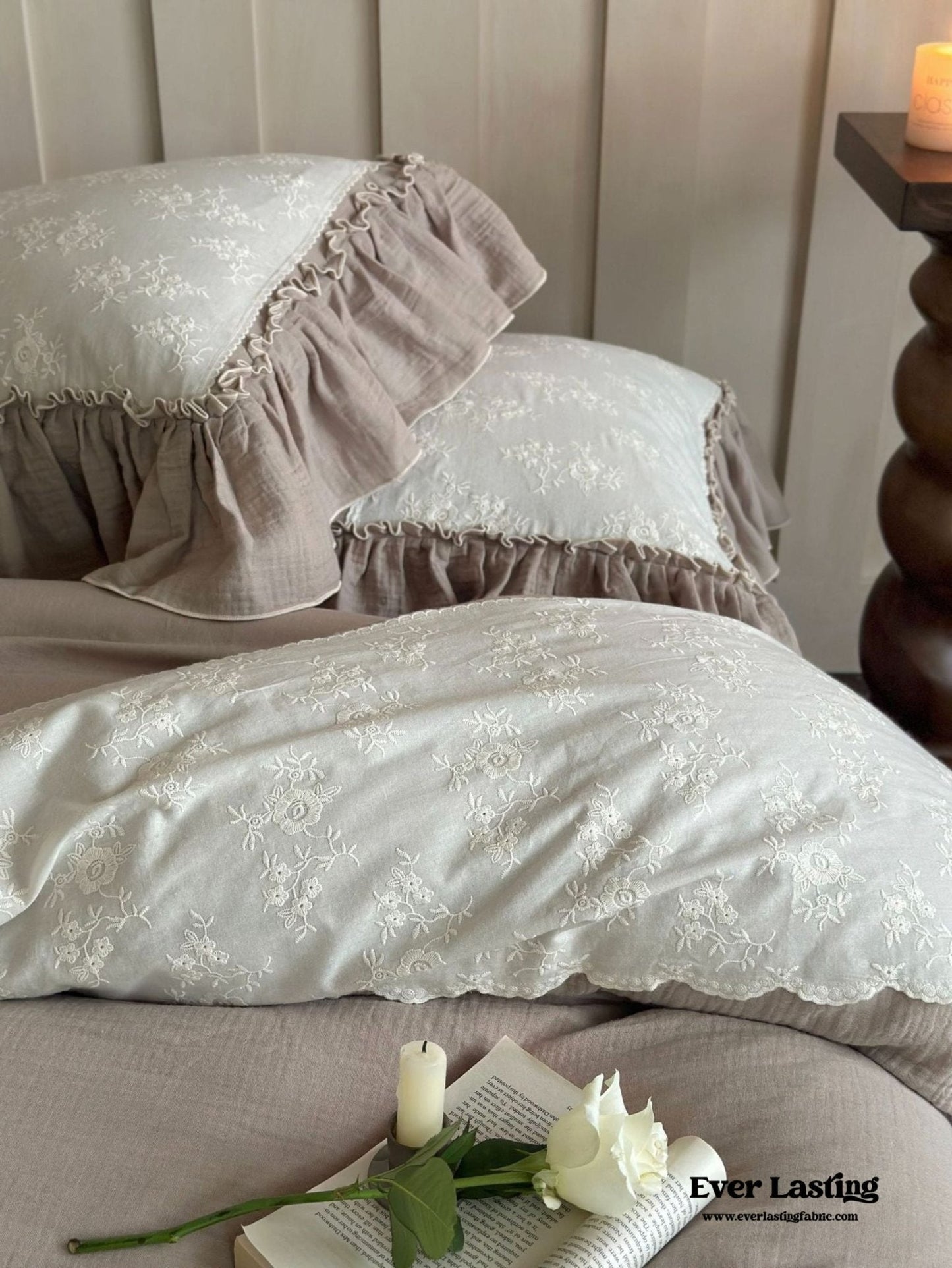 Celeste Soft Lace Embroidered Ruffle Bedding Set / Coffee Brown