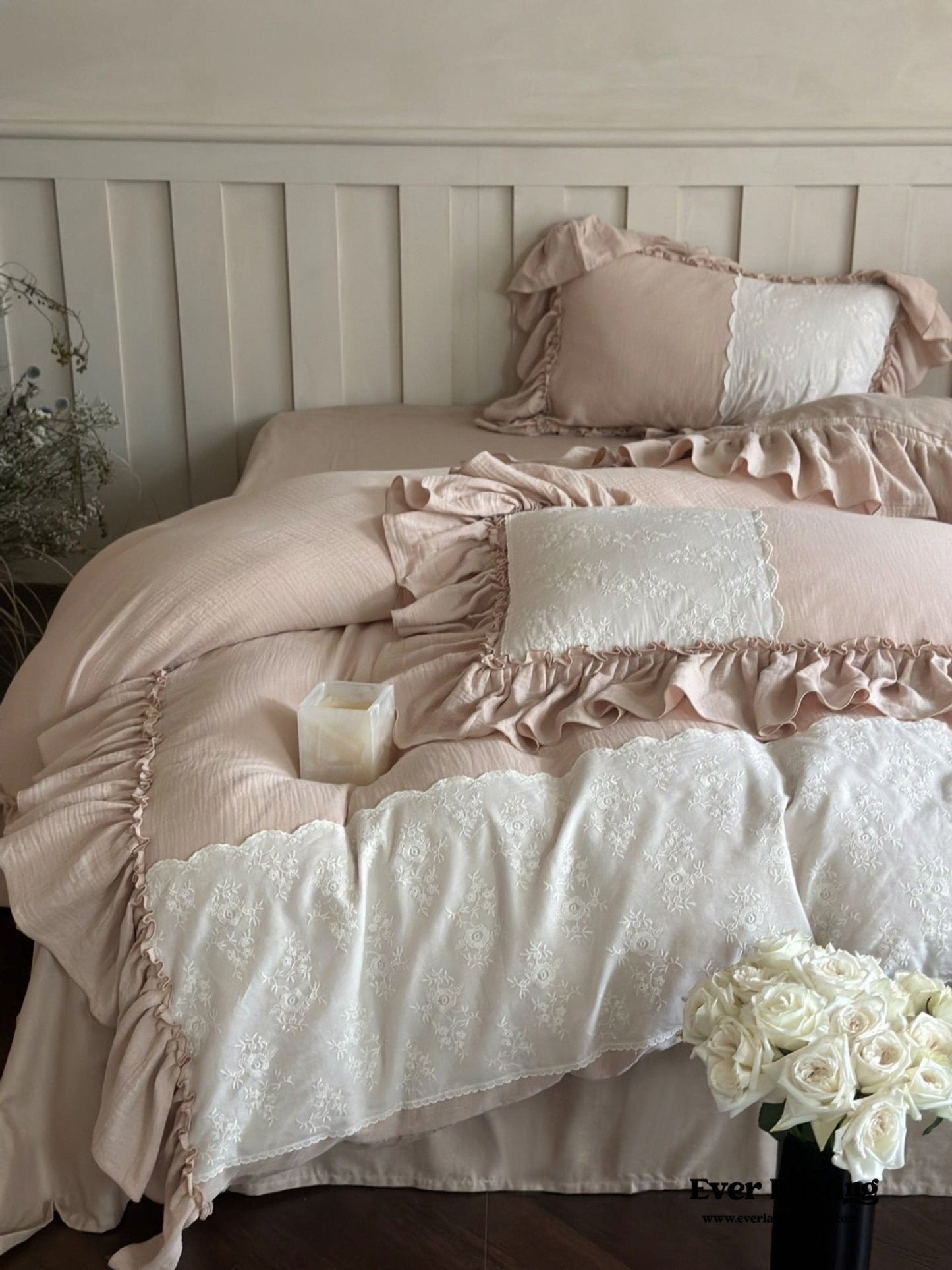Celeste Soft Lace Embroidered Ruffle Bedding Set / Coffee Brown