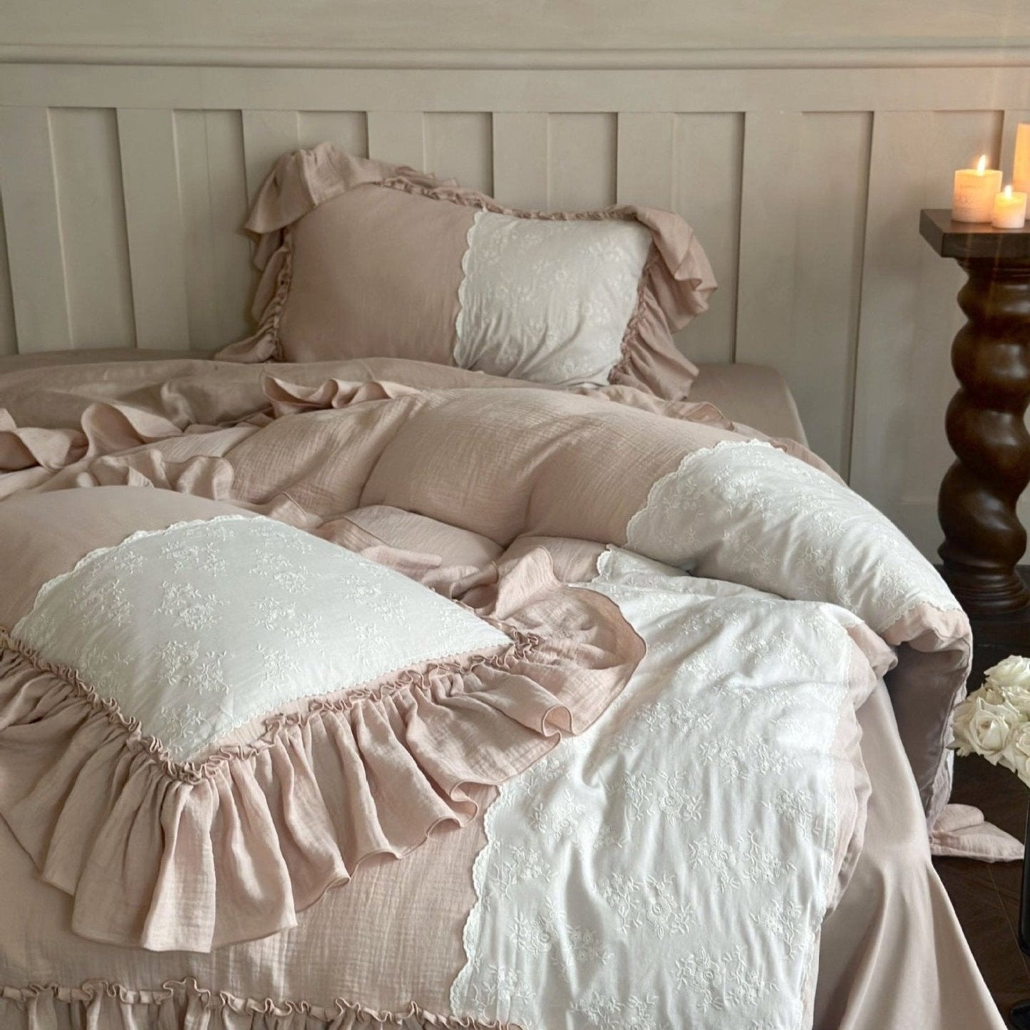 Celeste Soft Lace Embroidered Ruffle Bedding Set / Coffee Brown