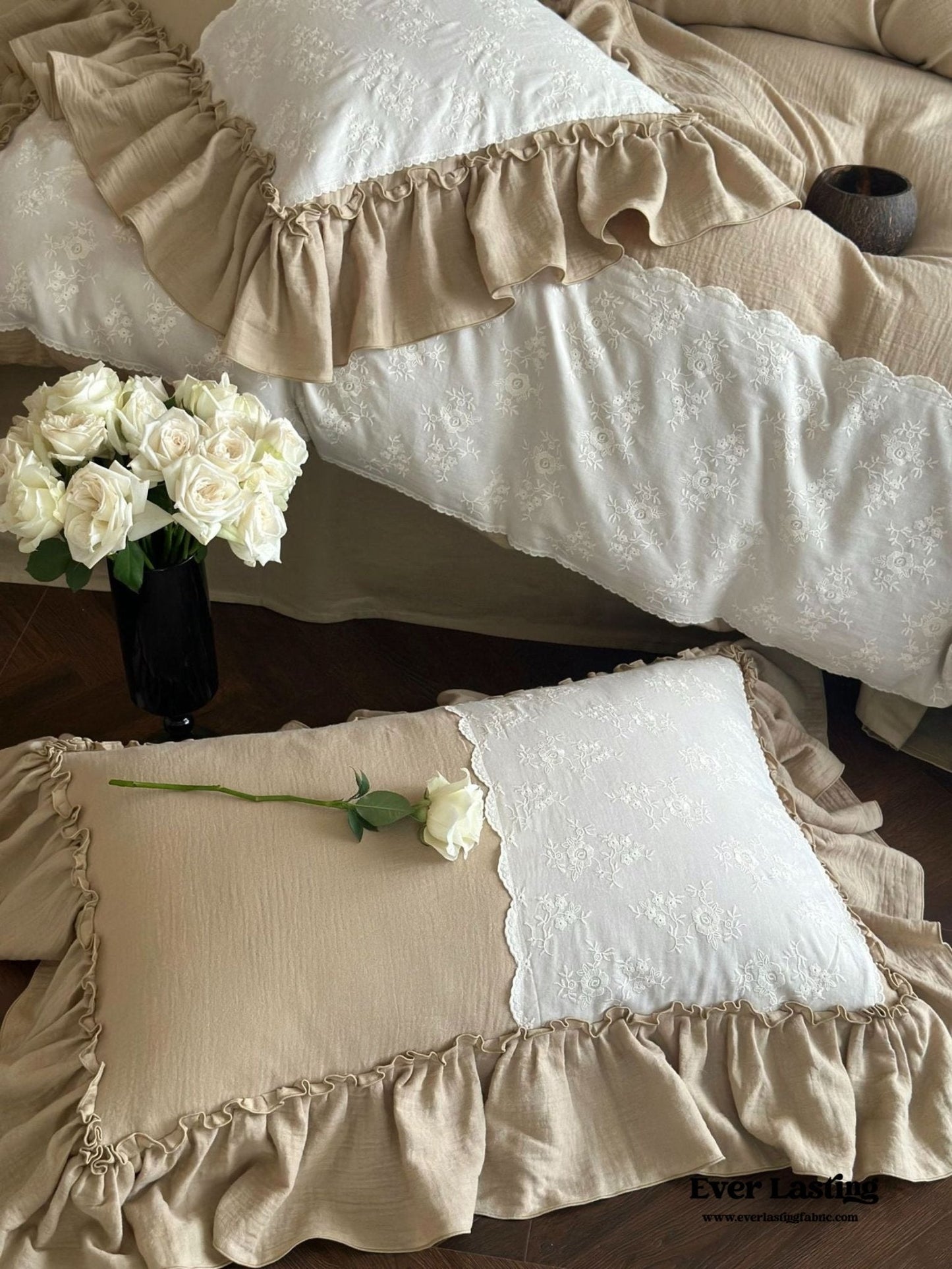Celeste Soft Lace Embroidered Ruffle Bedding Set / Olive Green