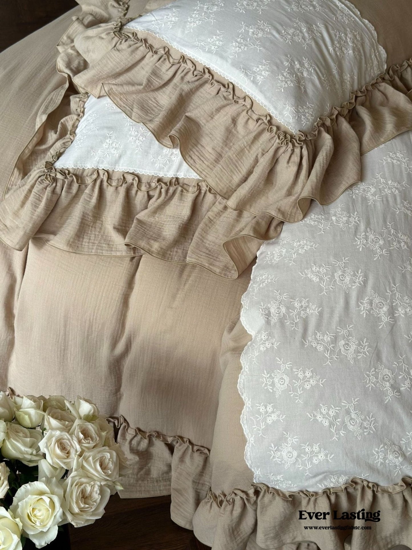 Celeste Soft Lace Embroidered Ruffle Bedding Set / Olive Green