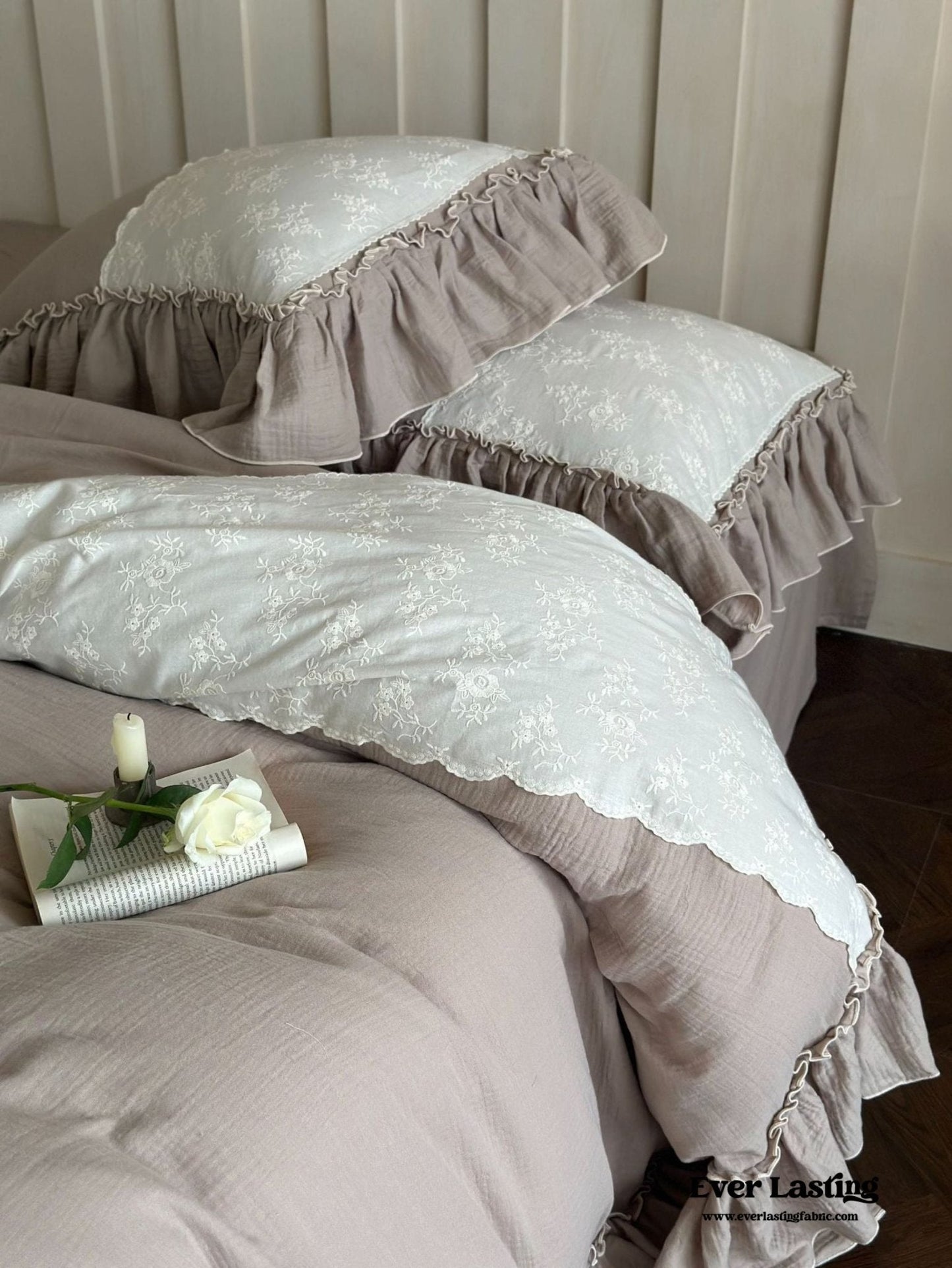 Celeste Soft Lace Embroidered Ruffle Bedding Set / Olive Green