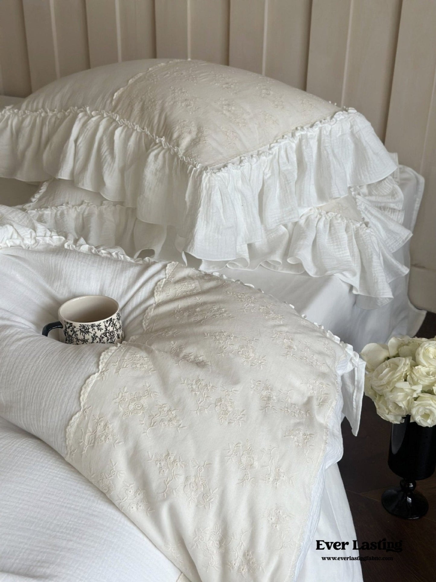 Celeste Soft Lace Embroidered Ruffle Bedding Set / Olive Green