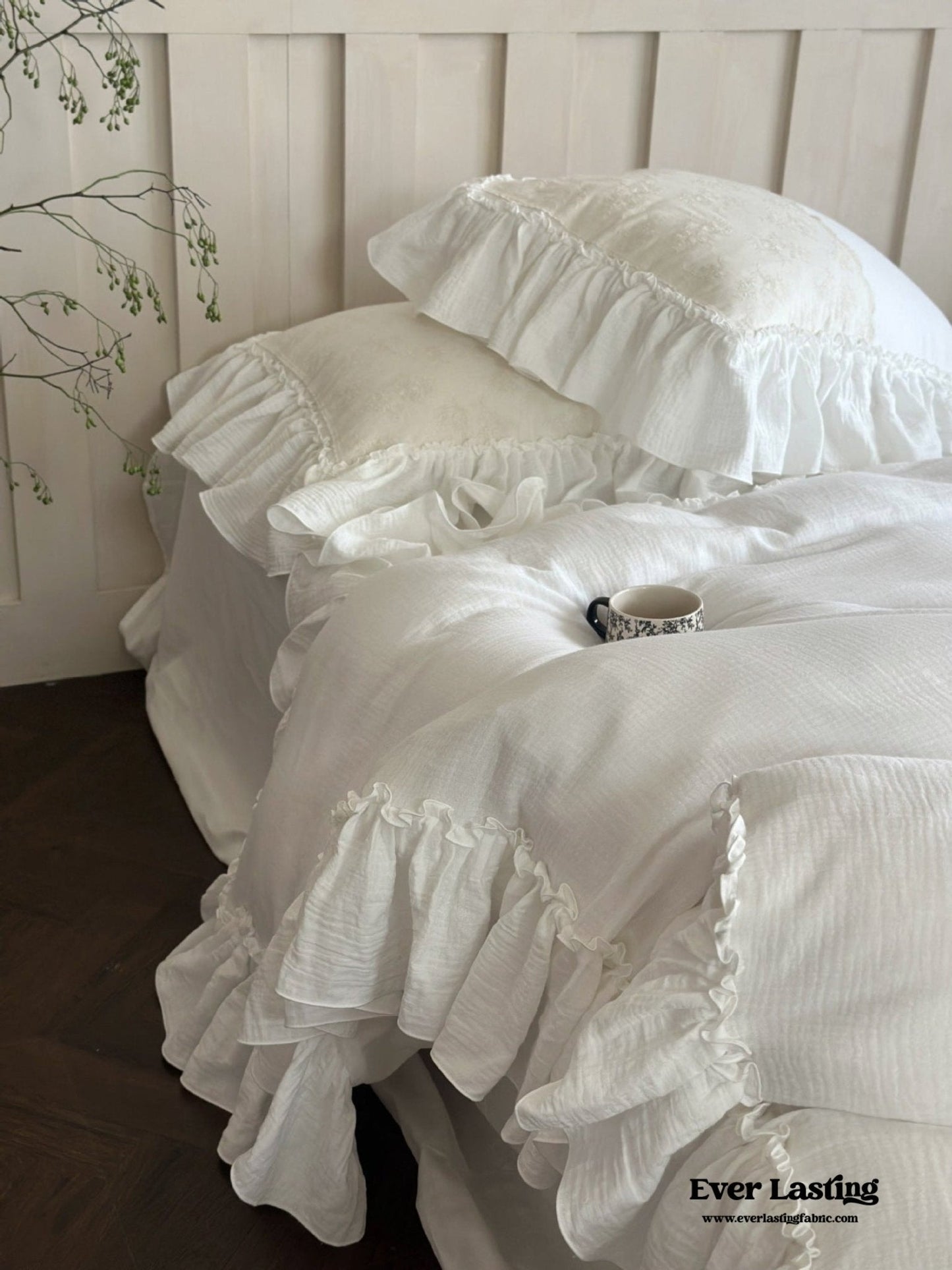 Celeste Soft Lace Embroidered Ruffle Bedding Set / Olive Green