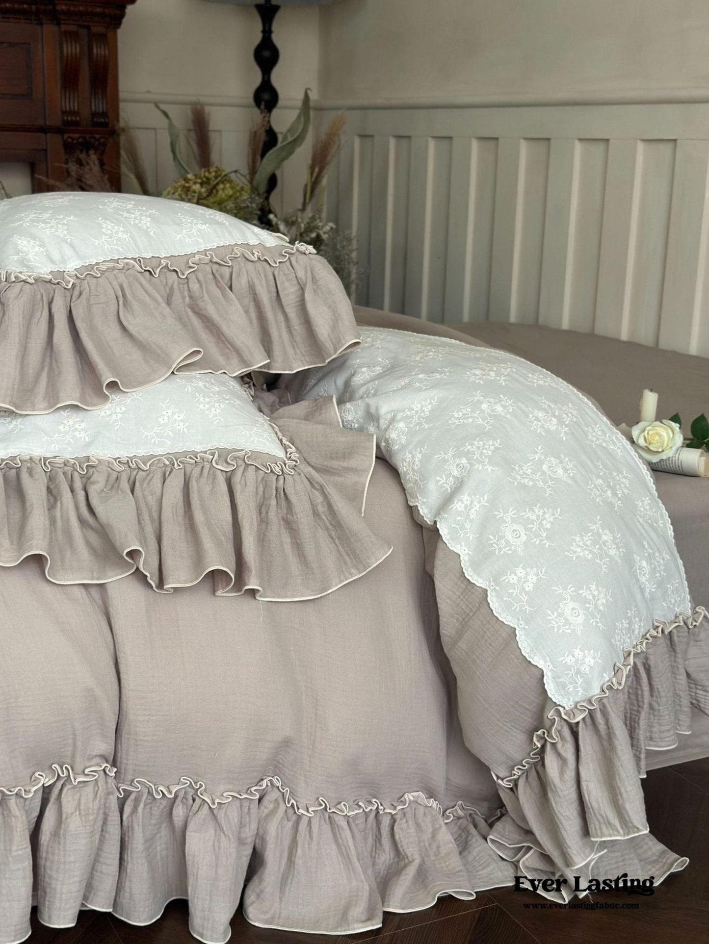 Celeste Soft Lace Embroidered Ruffle Bedding Set / Olive Green