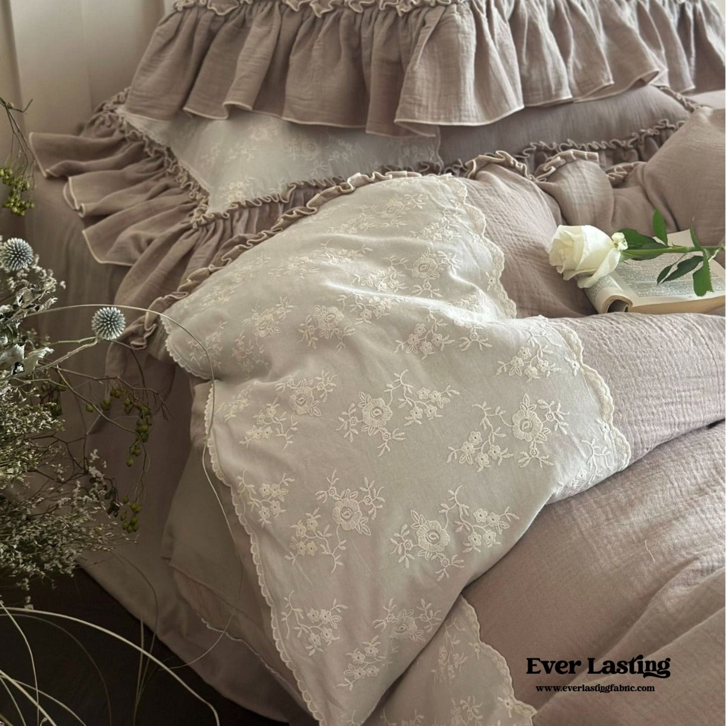 Celeste Soft Lace Embroidered Ruffle Bedding Set / Olive Green