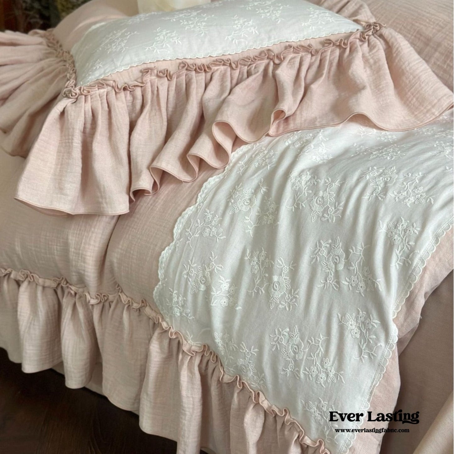 Celeste Soft Lace Embroidered Ruffle Bedding Set / Pink