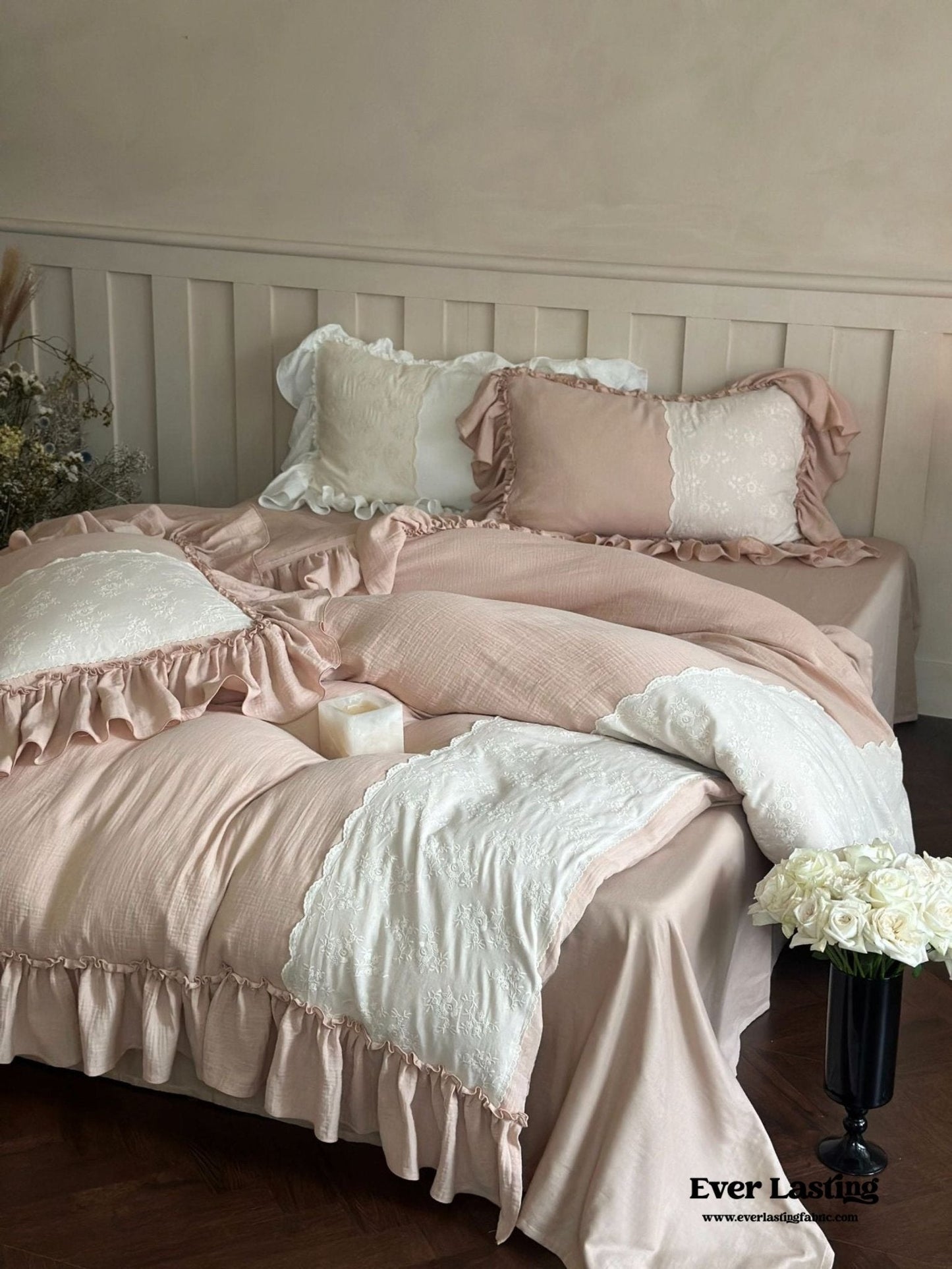 Celeste Soft Lace Embroidered Ruffle Bedding Set / Pink