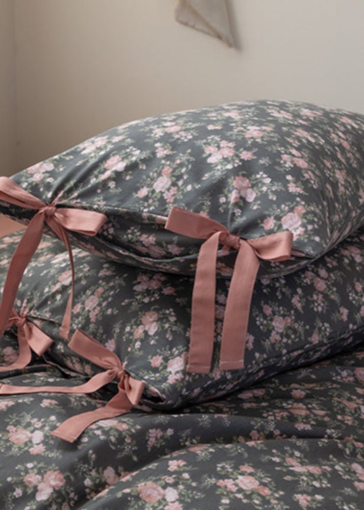 Celia Cottage Ribbon Bow Tie Floral Bedding Set / Rust Pink