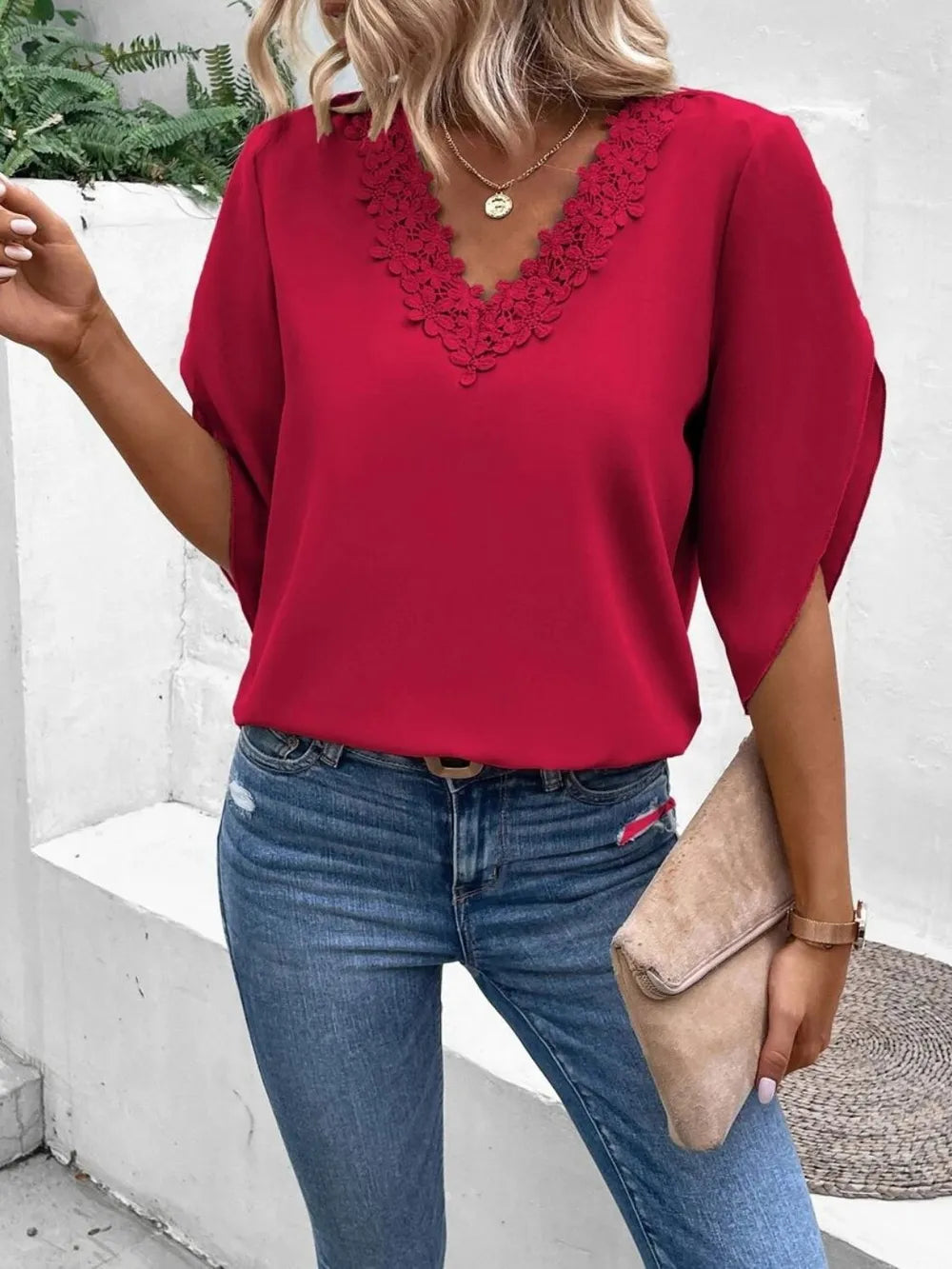 Lace Detail V-Neck Half Sleeve Women's Blouse
