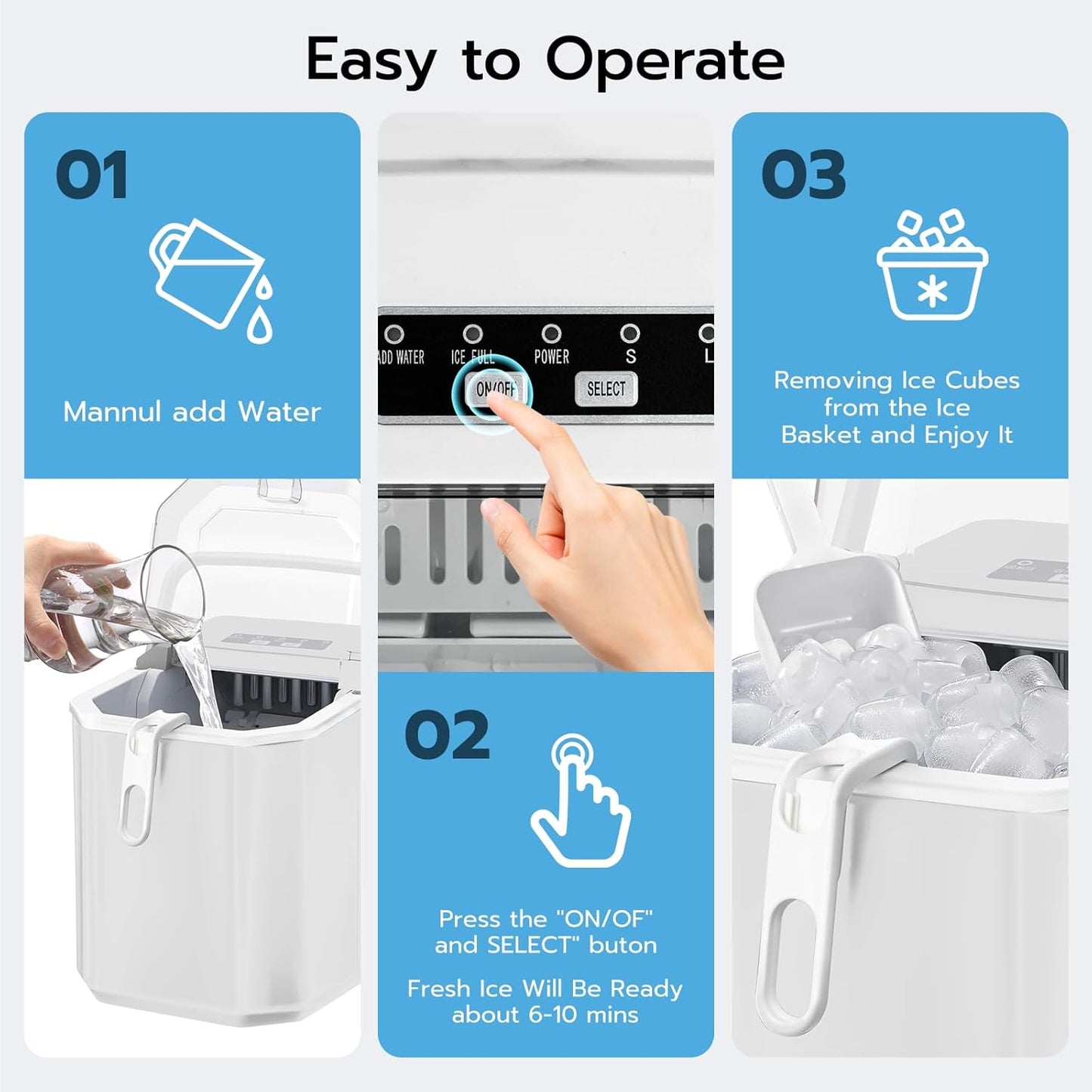 KISMILE Ice Makers Countertop with Handle,26.5Lbs/24H,9 Cubes in 6 Mins,2 Sizes of Bullet Ice,Portable Machine with Self-Cleaning,Perfect for Home Kitchen(Black)