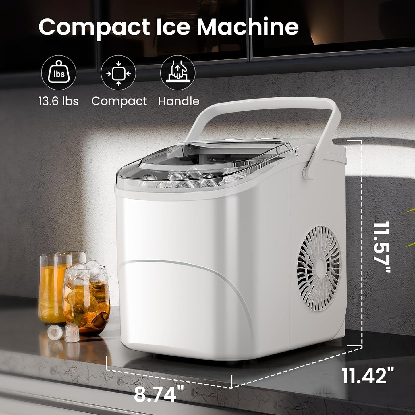 KISMILE Ice Makers Countertop with Handle,26.5Lbs/24H,9 Cubes in 6 Mins,2 Sizes of Bullet Ice,Portable Machine with Self-Cleaning,Perfect for Home Kitchen(Black)