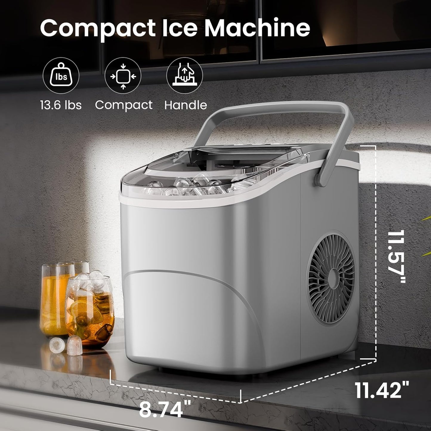 KISMILE Ice Makers Countertop with Handle,26.5Lbs/24H,9 Cubes in 6 Mins,2 Sizes of Bullet Ice,Portable Machine with Self-Cleaning,Perfect for Home Kitchen(Black)