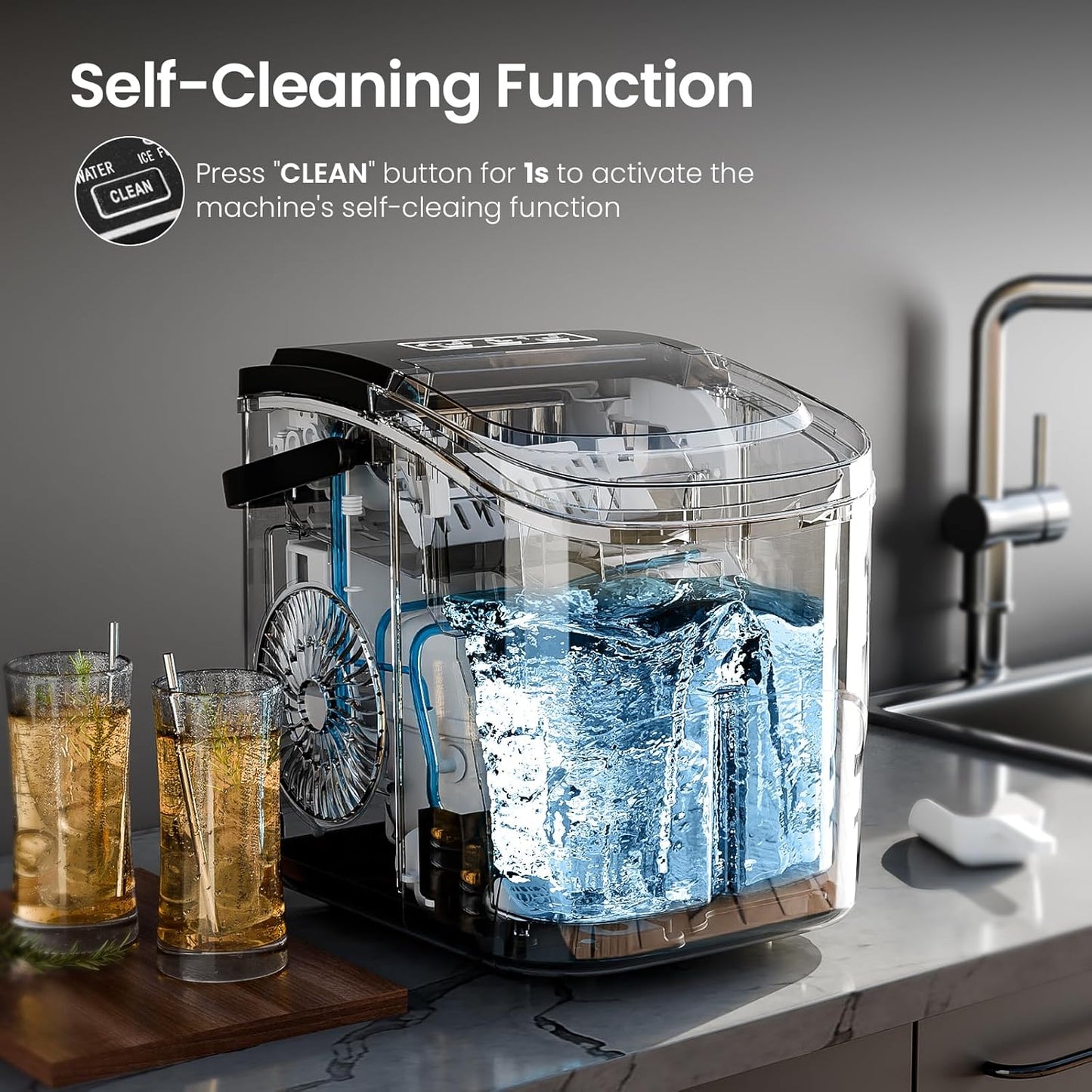 KISMILE Ice Makers Countertop with Handle,26.5Lbs/24H,9 Cubes in 6 Mins,2 Sizes of Bullet Ice,Portable Machine with Self-Cleaning,Perfect for Home Kitchen(Black)