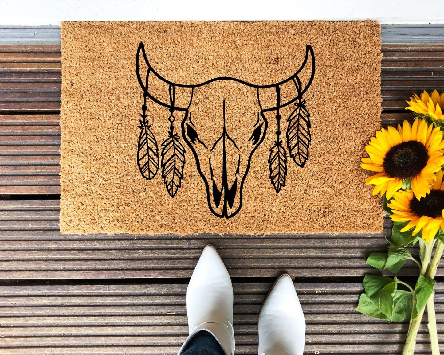 Cow Skull & Feathers Doormat