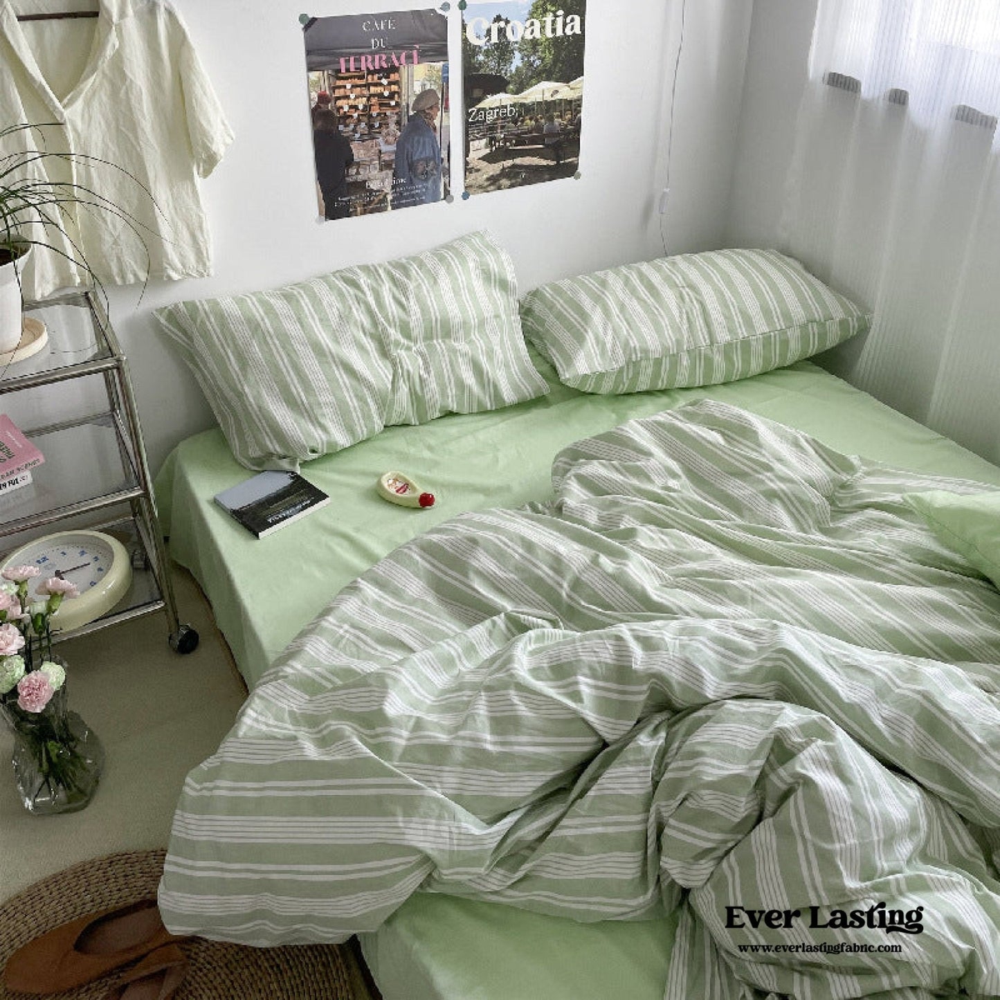 Cozy Washed Cotton Striped Bedding Set / Pink