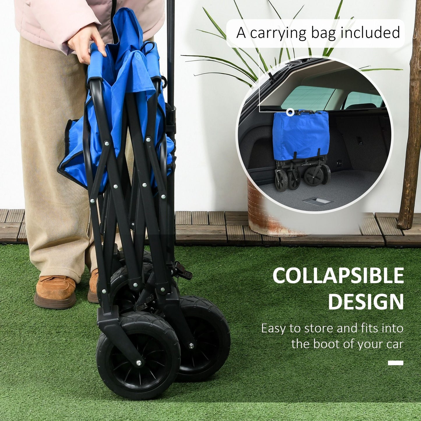 Steel Frame Folding Garden Cart, Collapsible Wagon Cart with Removable Canopy, Telescopic Handle and Carrying Bag, Dark Blue