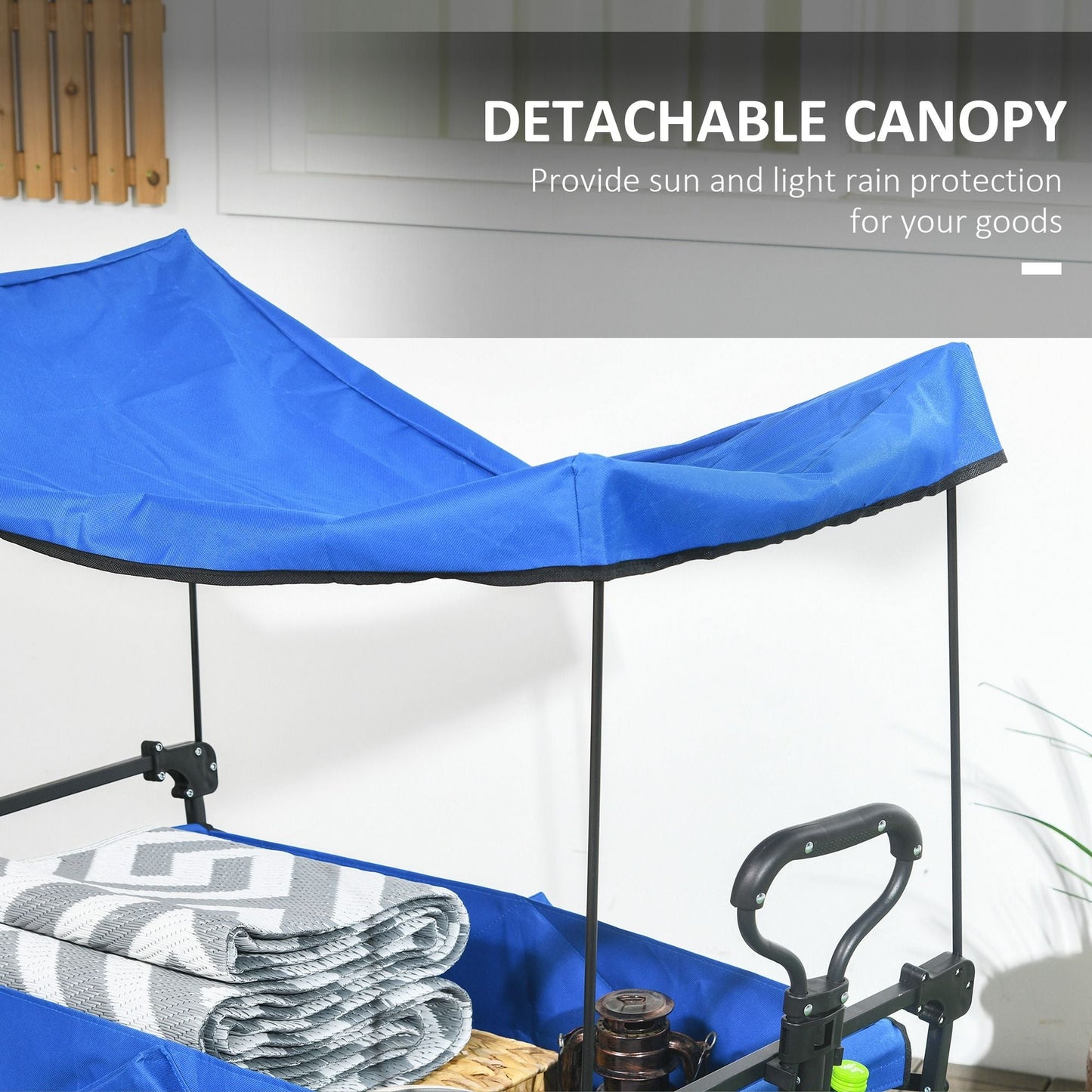 Steel Frame Folding Garden Cart, Collapsible Wagon Cart with Removable Canopy, Telescopic Handle and Carrying Bag, Dark Blue
