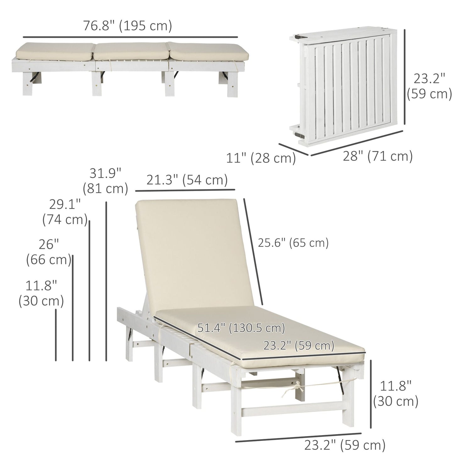 Wooden Folding Chaise Lounge, Outdoor Chaise Lounge Chair, Garden Reclining Tanning Chair with 4 Adjustable Back Soft Cushions, White