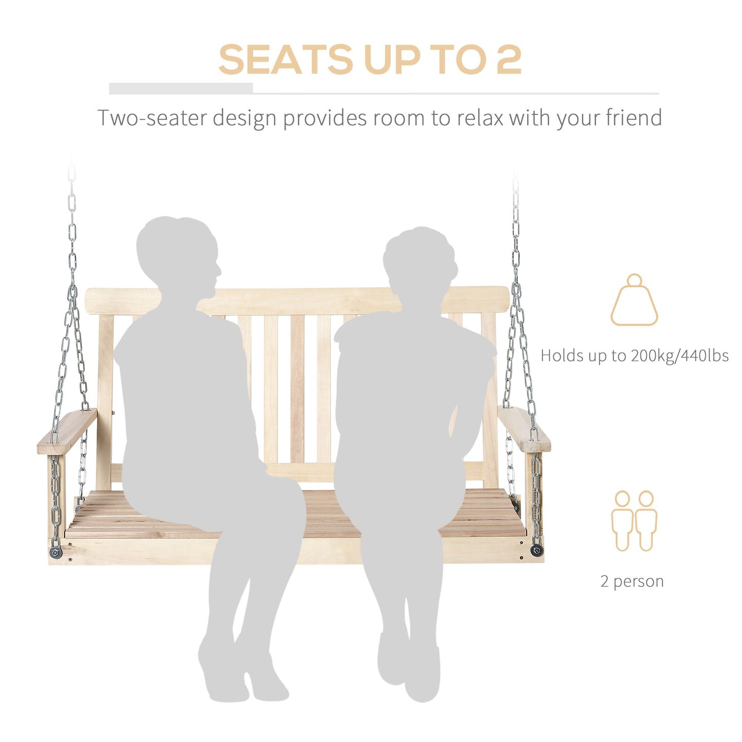 2 Person Wooden Porch Swing, Patio Swing Chair with Hanging Chains, Slatted Back & Seat, Outdoor Swing Bench for Garden, Backyard, Deck, Natural