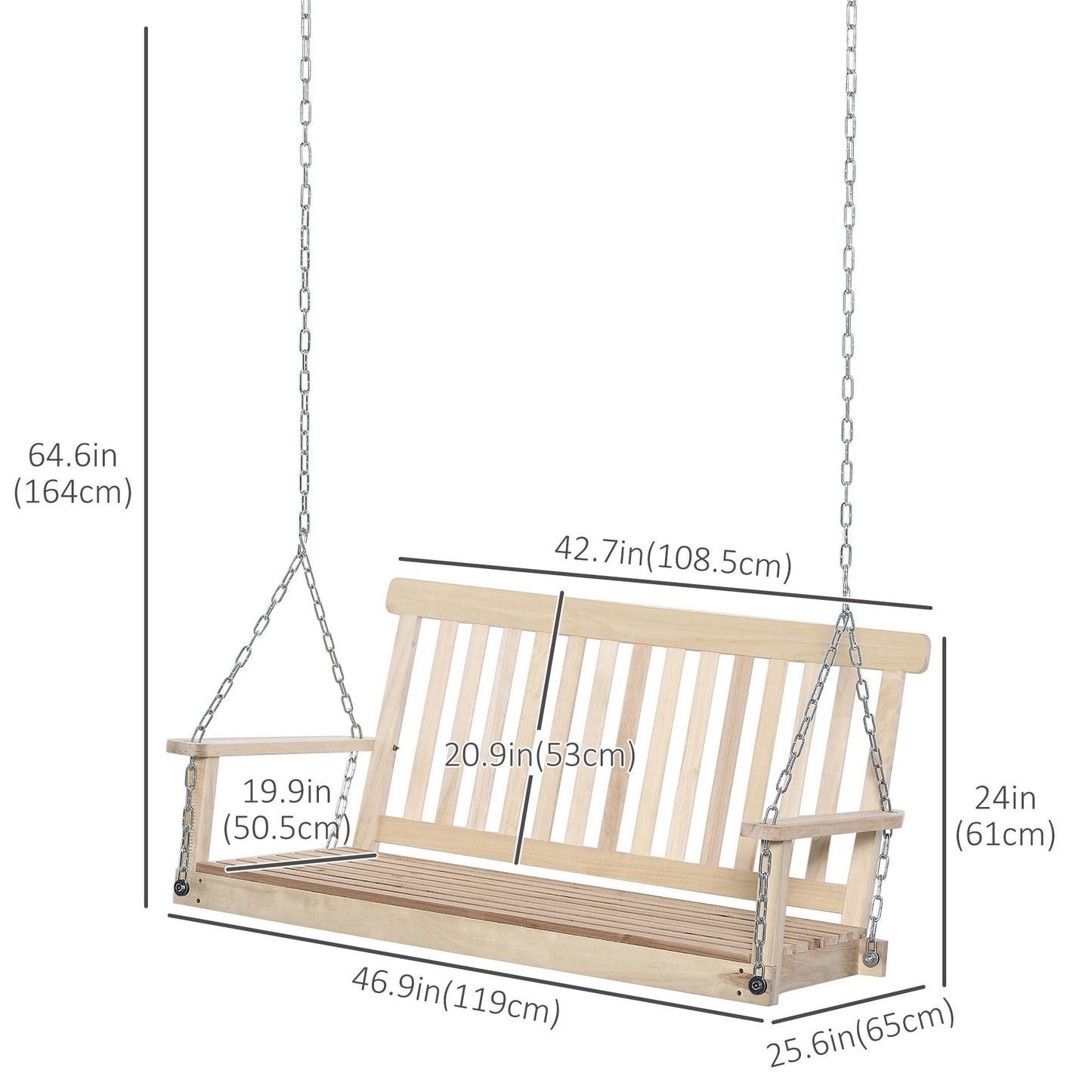 2 Person Wooden Porch Swing, Patio Swing Chair with Hanging Chains, Slatted Back & Seat, Outdoor Swing Bench for Garden, Backyard, Deck, Natural