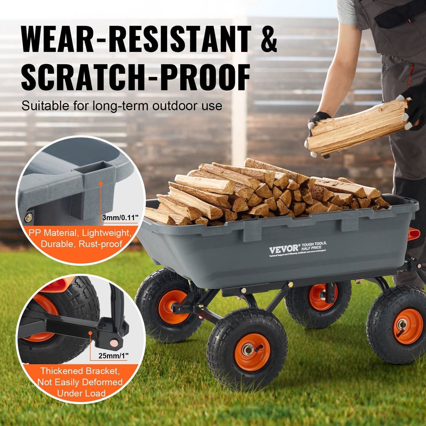 VEVOR Garden Cart, Durable Poly Dump Cart with Simple Assembly Steel Structure, Versatile Dump Wagon with Dual-Function Handle, Handy Wheelbarrow with 800 lbs Load Capacity, 10 inch Wheels