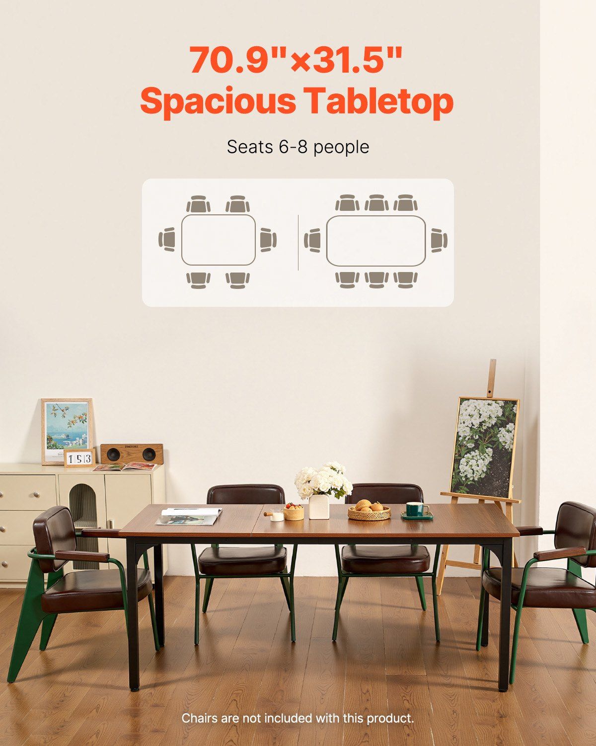 VEVOR Rectangle Dining Table, 71 inch Length Large Wood Tables for 6-8 Person, Farmhouse Dinner Furniture, Rustic Conference Desk with Iron Legs, for Home Kitchen Living Room, Brown(Only Table)