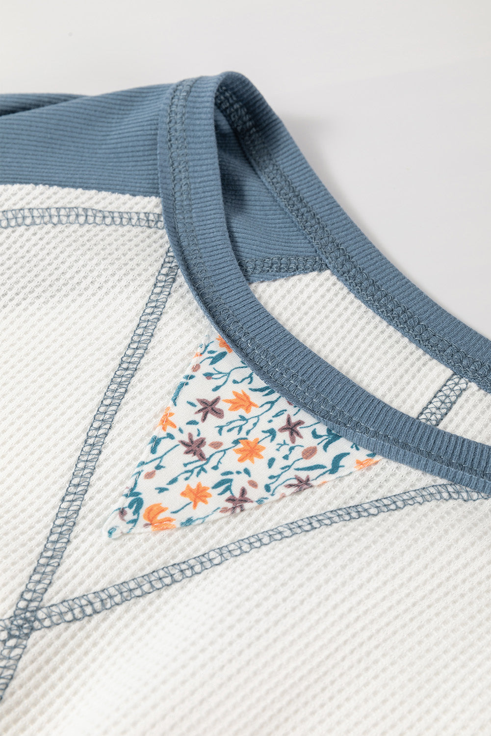 White Floral Patchwork Waffle Knit Raglan Women's Top