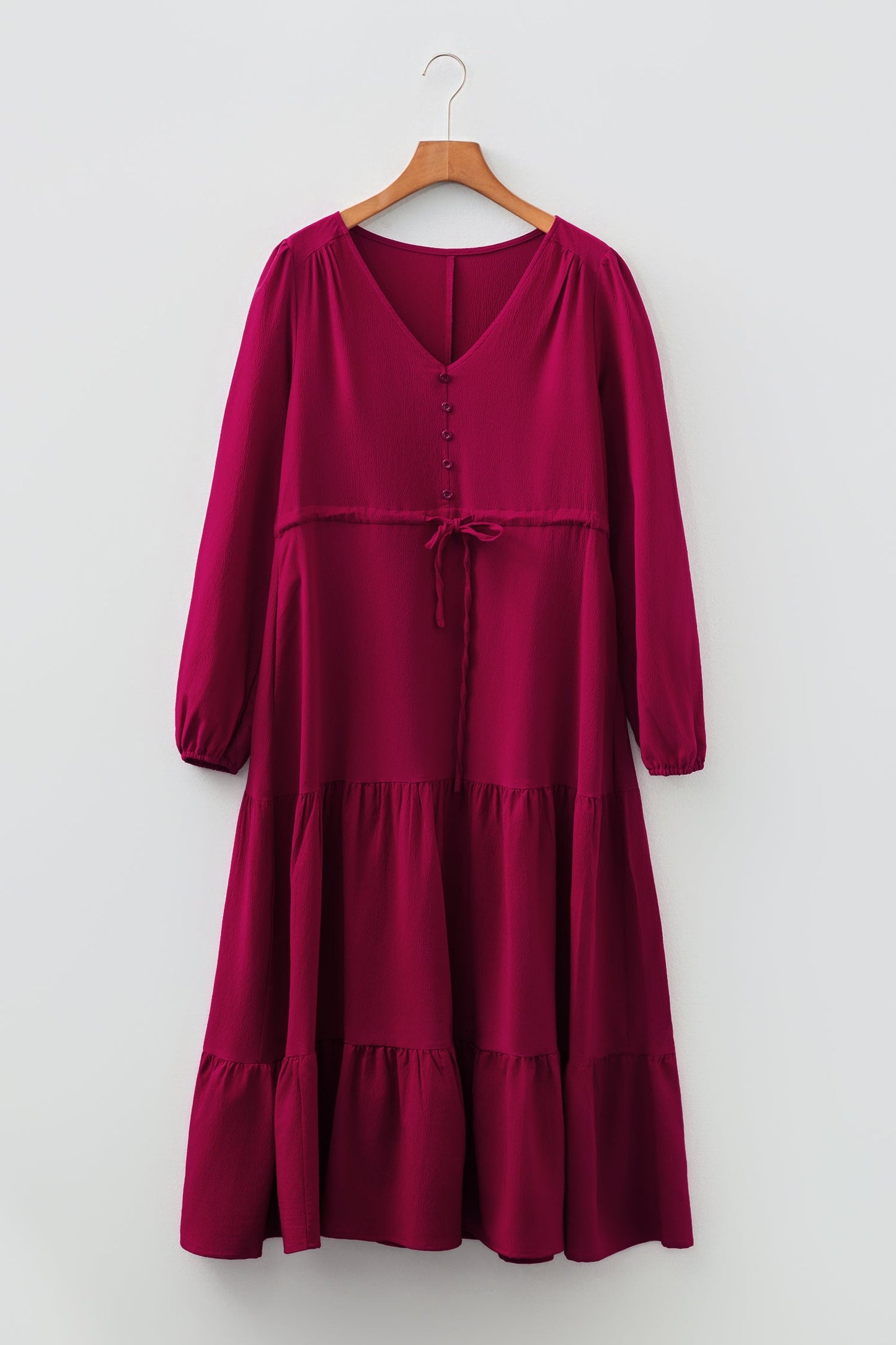 Burgundy Solid Long Sleeve Button V Neck Tiered Maxi Dress