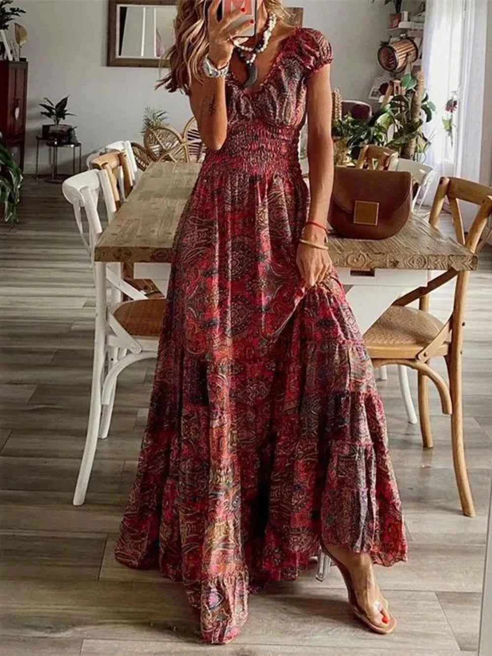 Full Size Smocked Printed V-Neck Dress for Effortless Style