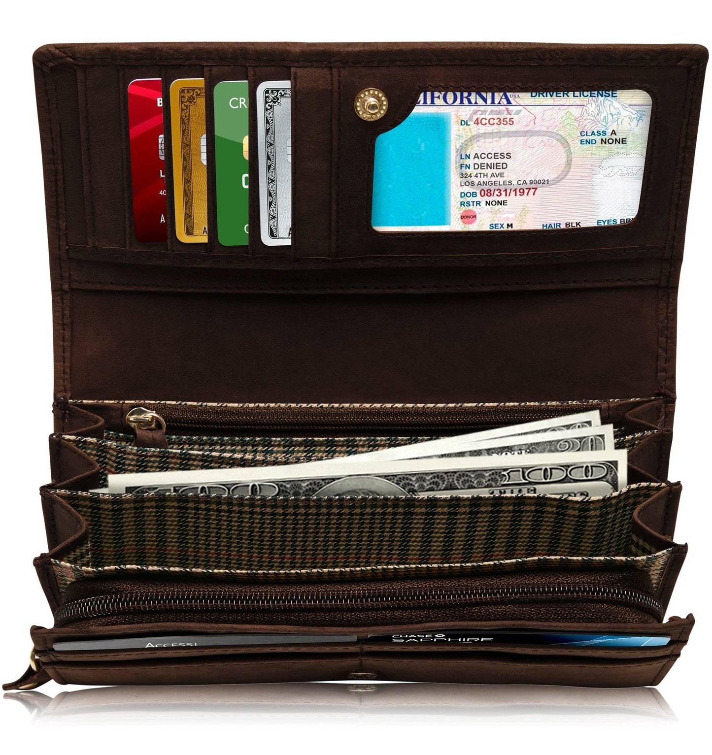 Genuine Leather Floral Accordion Wallet – Zip Pockets, RFID Blocking