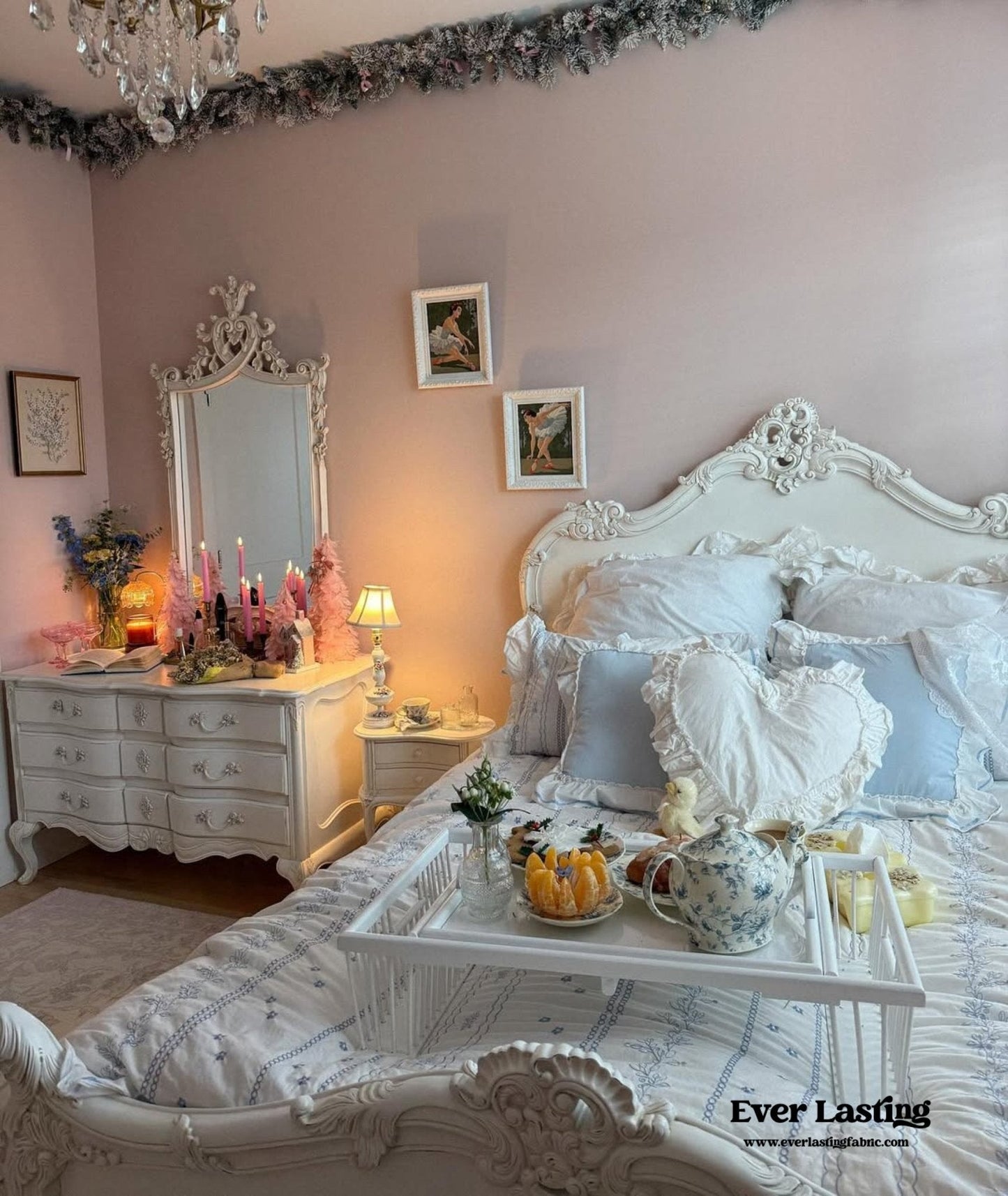 Embroidered French Lace Ruffle Duvet Cover / Pink