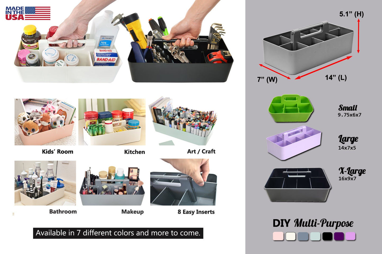 Enjoy Organizer 3 Pack, Large Plastic Storage Caddy with Handles Made in USA