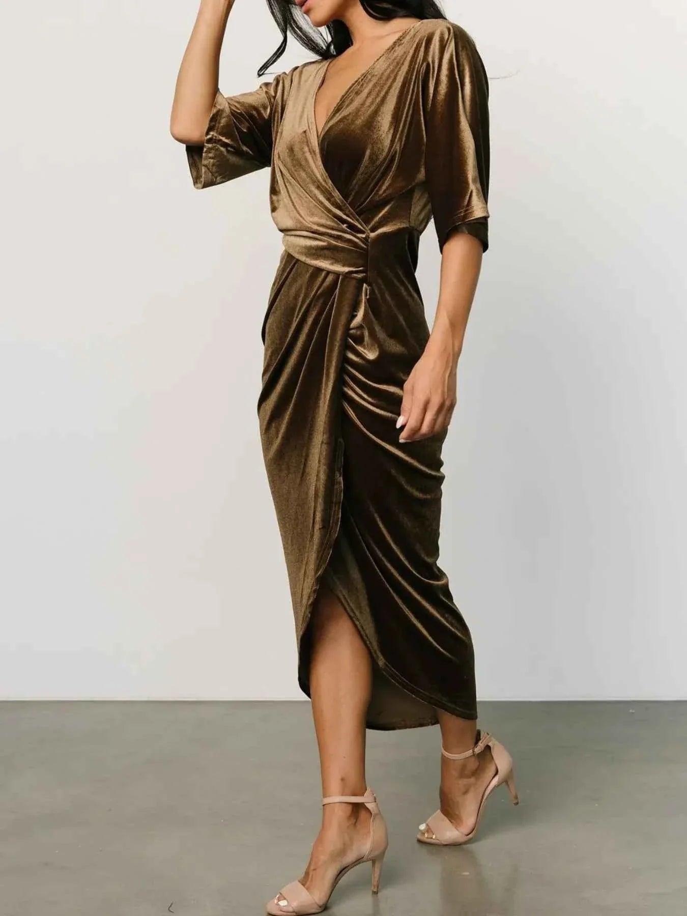 Ruched Surplice Half Sleeve Dress, Holiday Dress