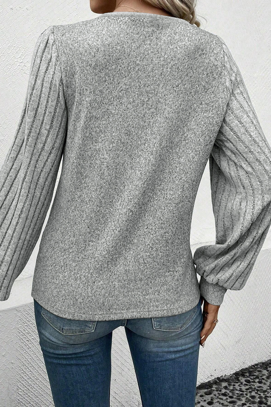 Light Grey Buttoned V Neck Ribbed Puff Sleeve Women's Top