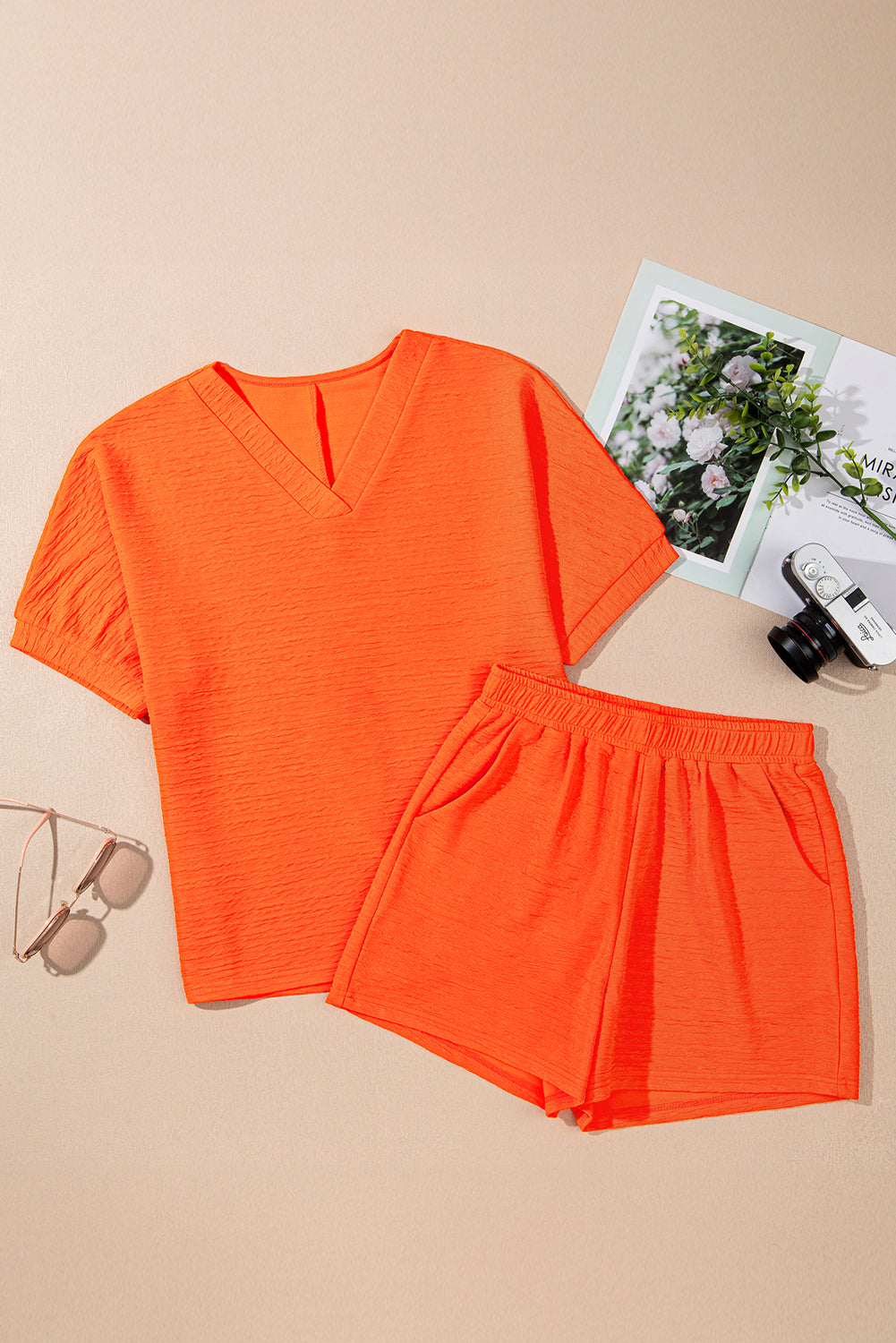 Luxury Textured V Neck T Shirt and Shorts Set