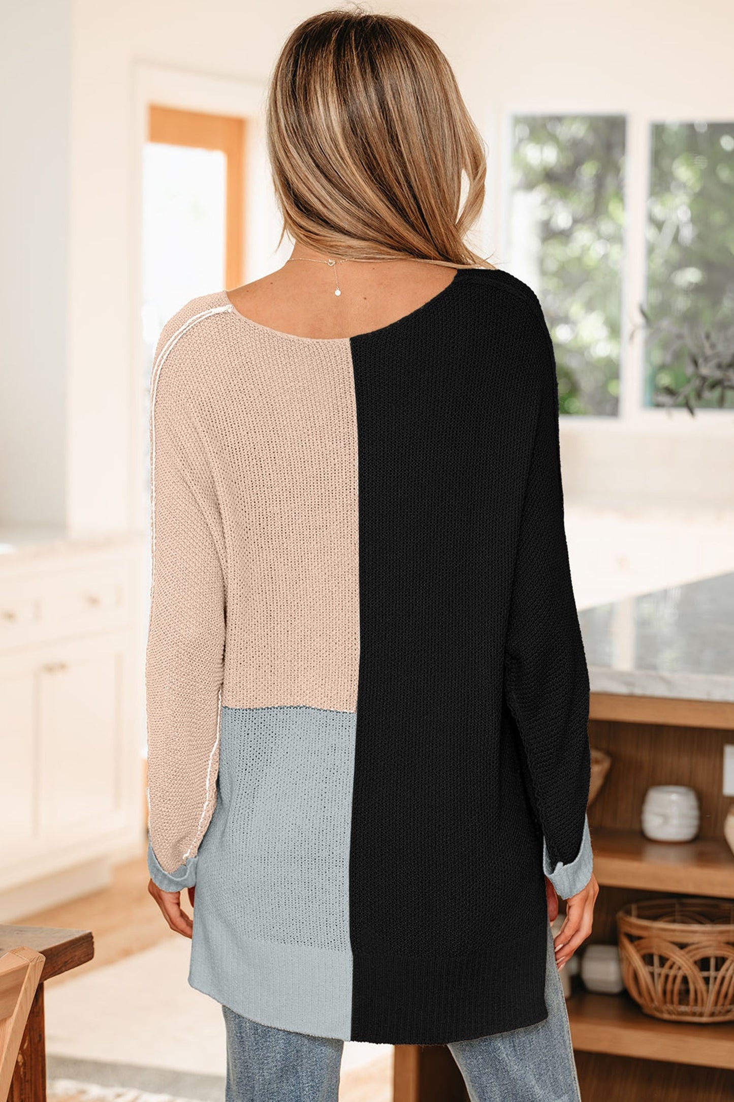 Color Block Knit V-Neck Loose Sweater