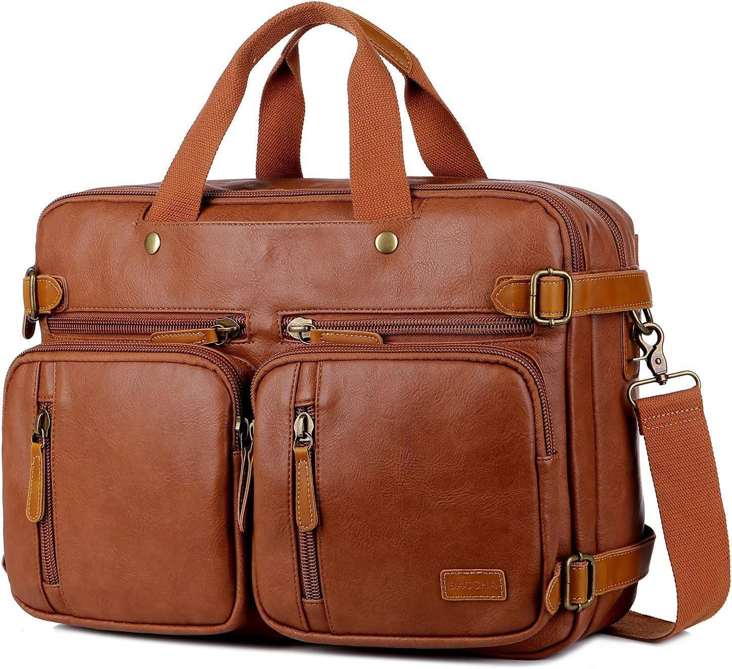 3-in-1 Leather Briefcase Backpack Hybrid – Convertible 17″ Laptop Bag (Red Lining)