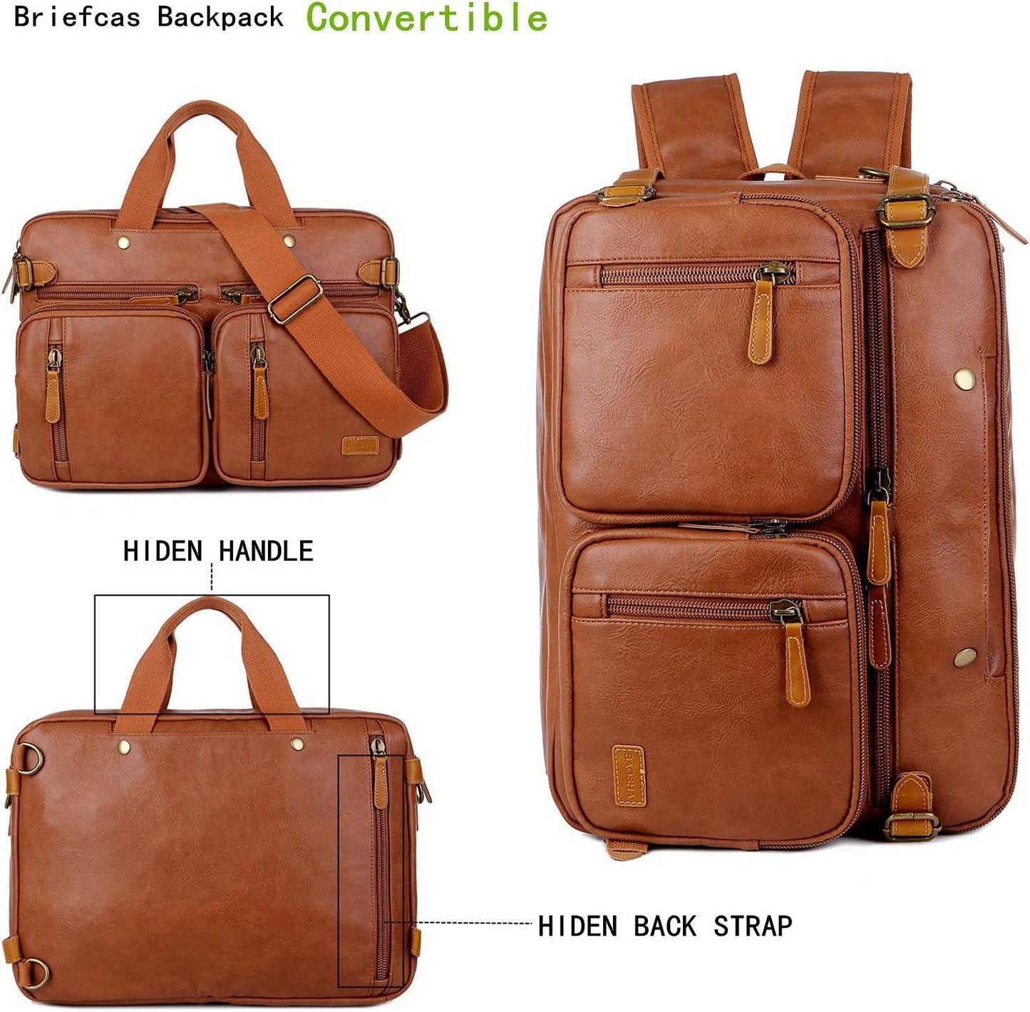 3-in-1 Leather Briefcase Backpack Hybrid – Convertible 17″ Laptop Bag (Red Lining)
