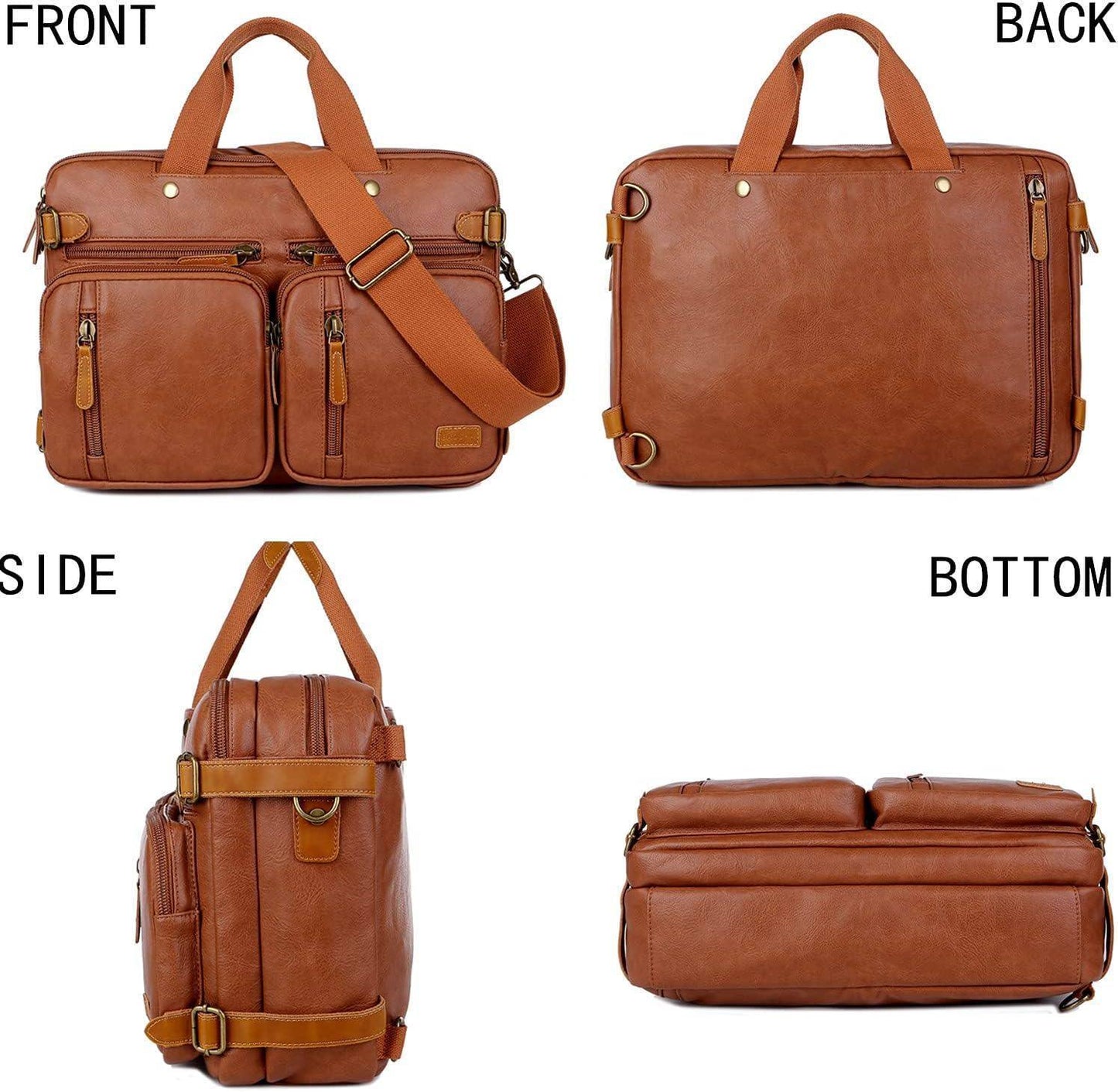 3-in-1 Leather Briefcase Backpack Hybrid – Convertible 17″ Laptop Bag (Red Lining)