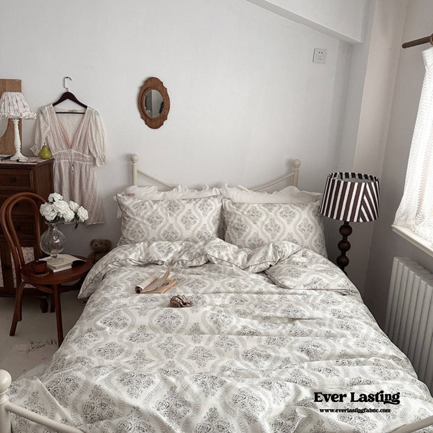 Hannah Vintage Floral Braids Cotton Bedding Set / Beige
