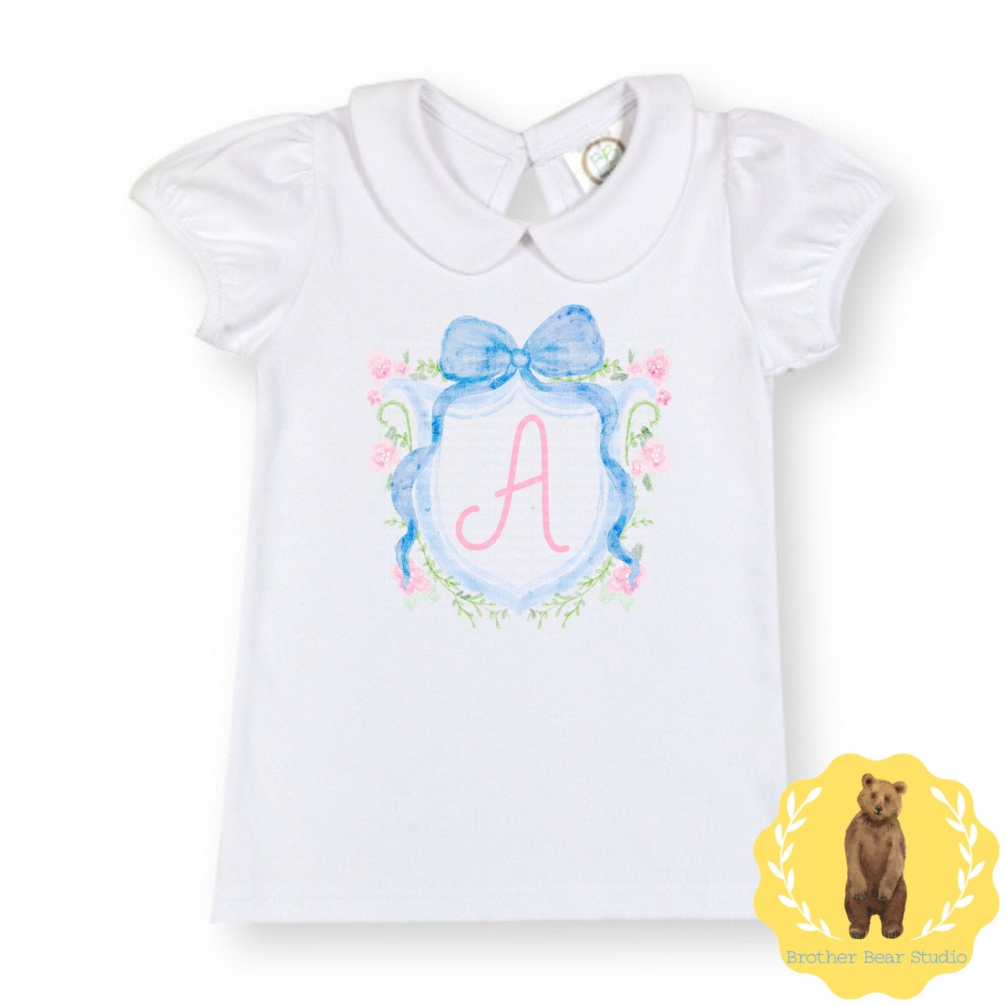 Blue Bow Crest Peter Pan Collar Tee | Girls | Short Sleeve | Holiday | Long Sleeve |