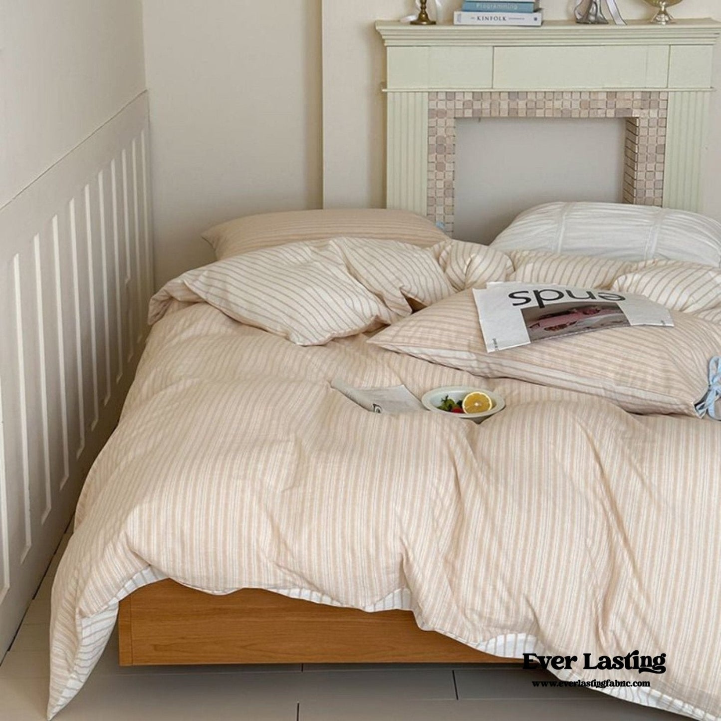 Josie Bow Tied Striped Bedding Set / Cream