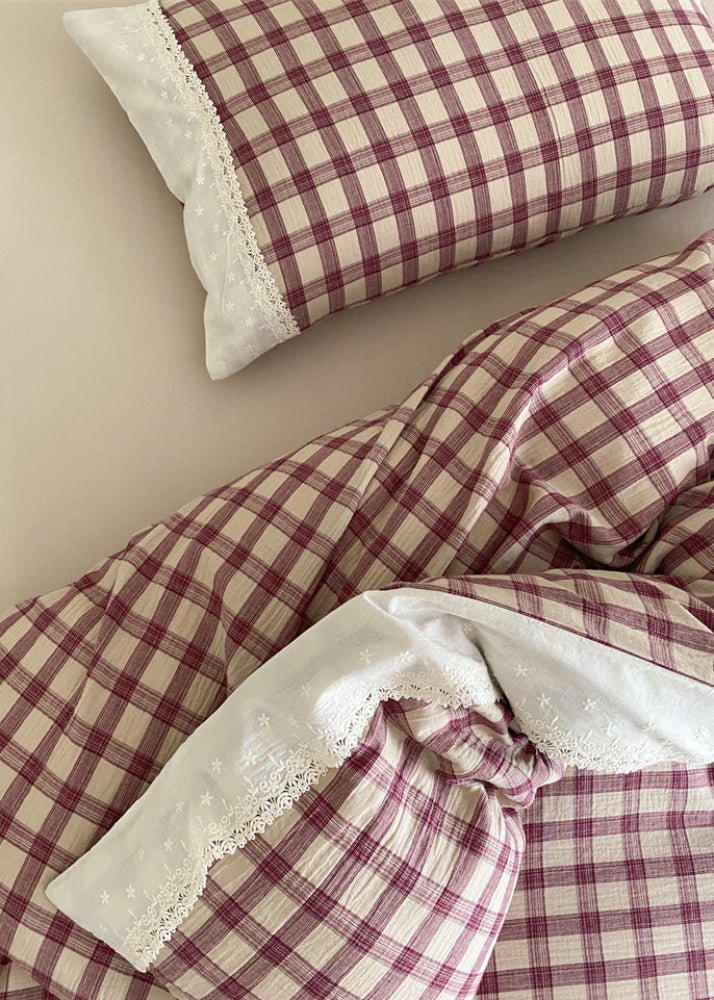 June Lace Double Gauze Gingham Bedding Set / Green