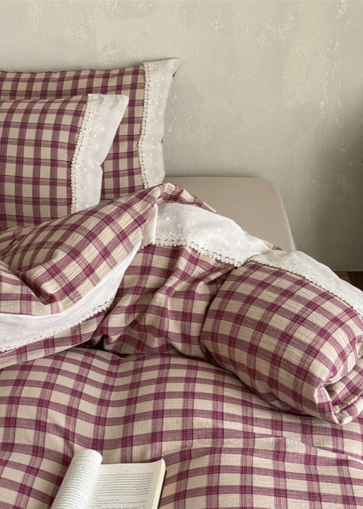 June Lace Double Gauze Gingham Bedding Set / Green