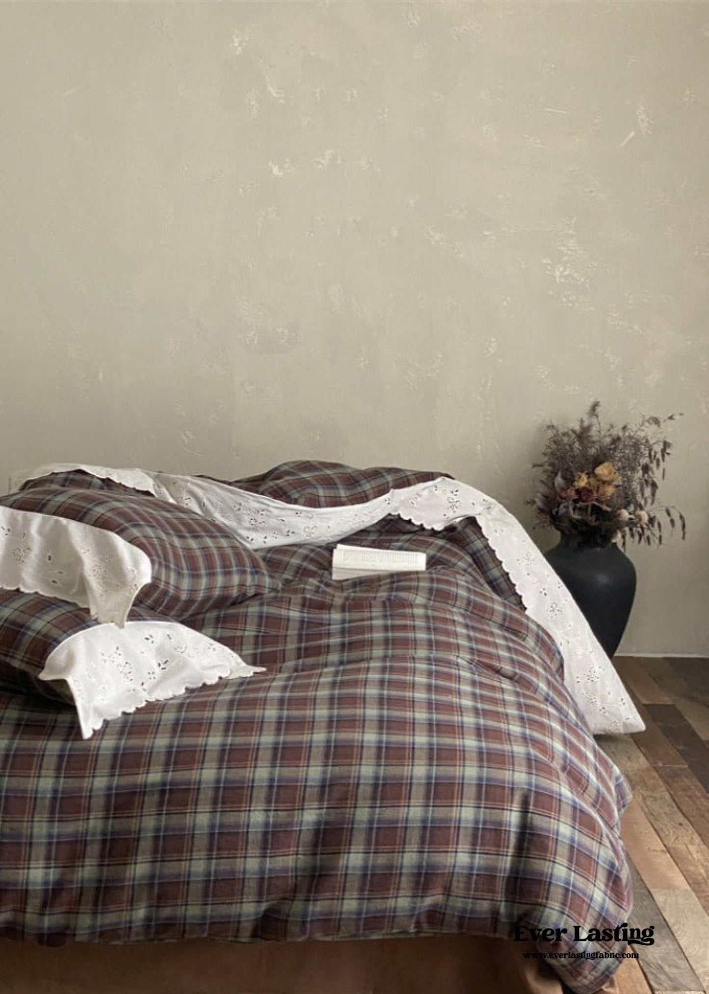 June Lace Double Gauze Gingham Bedding Set / Khaki