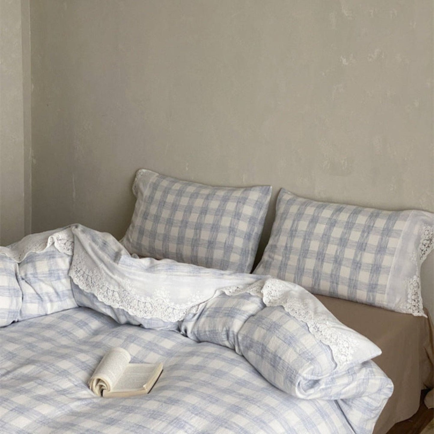 June Lace Double Gauze Gingham Bedding Set / Khaki